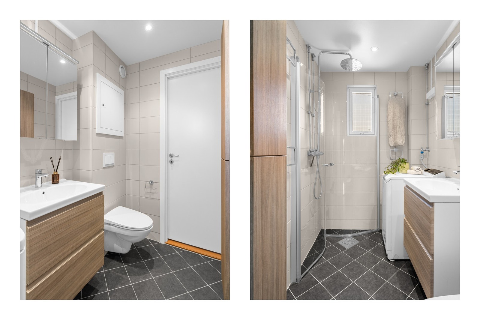 Pent flislagt bad fra 2017 tatt i regi av borettslaget. Badet har varmekabler, downlights og moderne baderomsmøblement med heldekkende servant og speilskap. Galleribilde