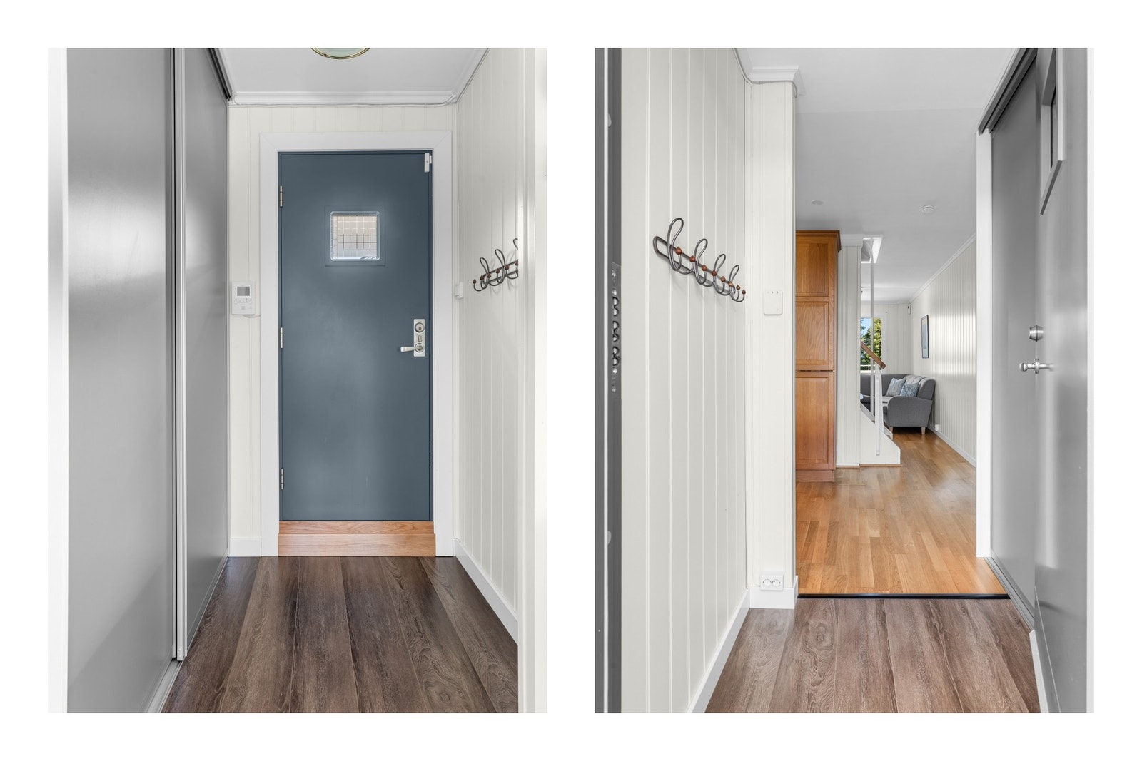 Innbydende entré med et lyst og moderne uttrykk. Gangen ble oppgradert i 2024 og fremstår praktisk med mørkt gulv, lyse veggflater og god oppbevaringsplass i skyvedørsgarderobe. Galleribilde