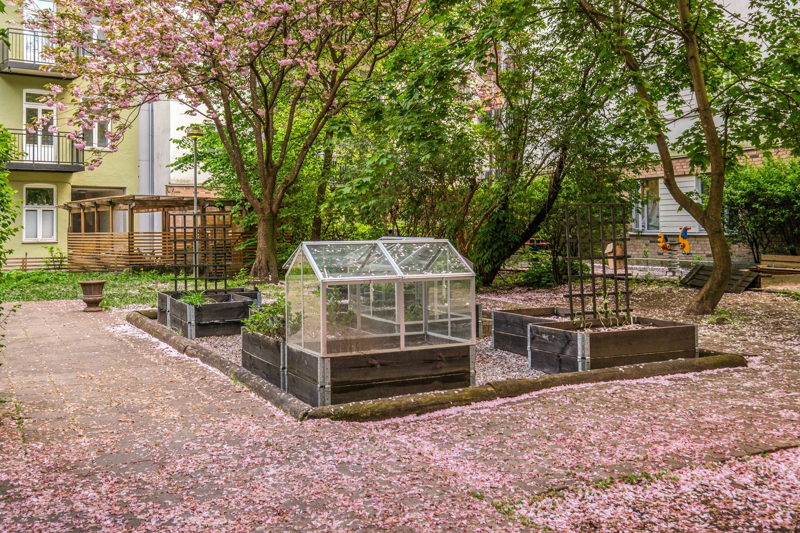 Grønn opparbeidet bakgård. Galleribilde