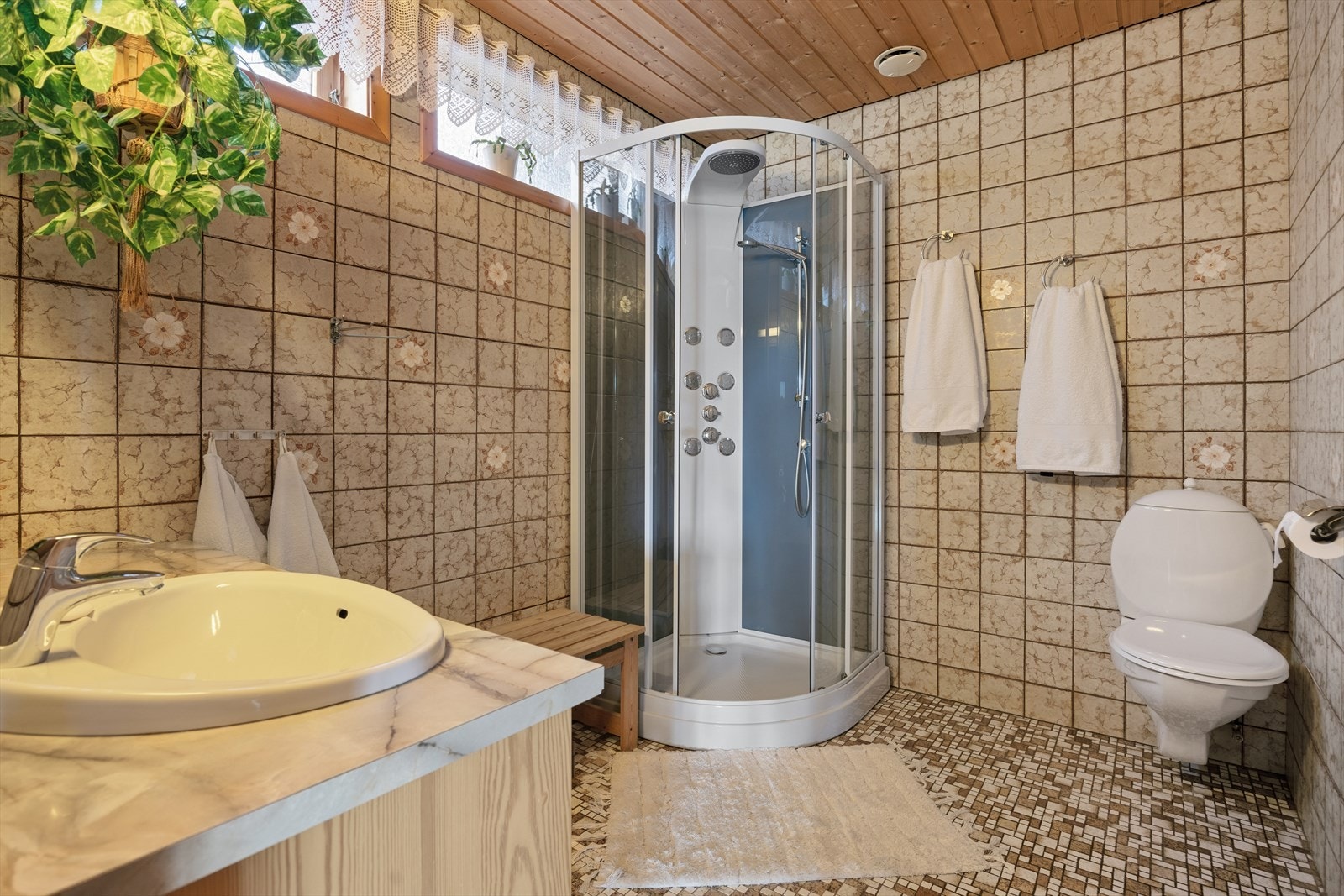 Badet i sokkeletasjen er utstyrt med dusjkabinett, vegghengt toalett og servant med innredning. Galleribilde