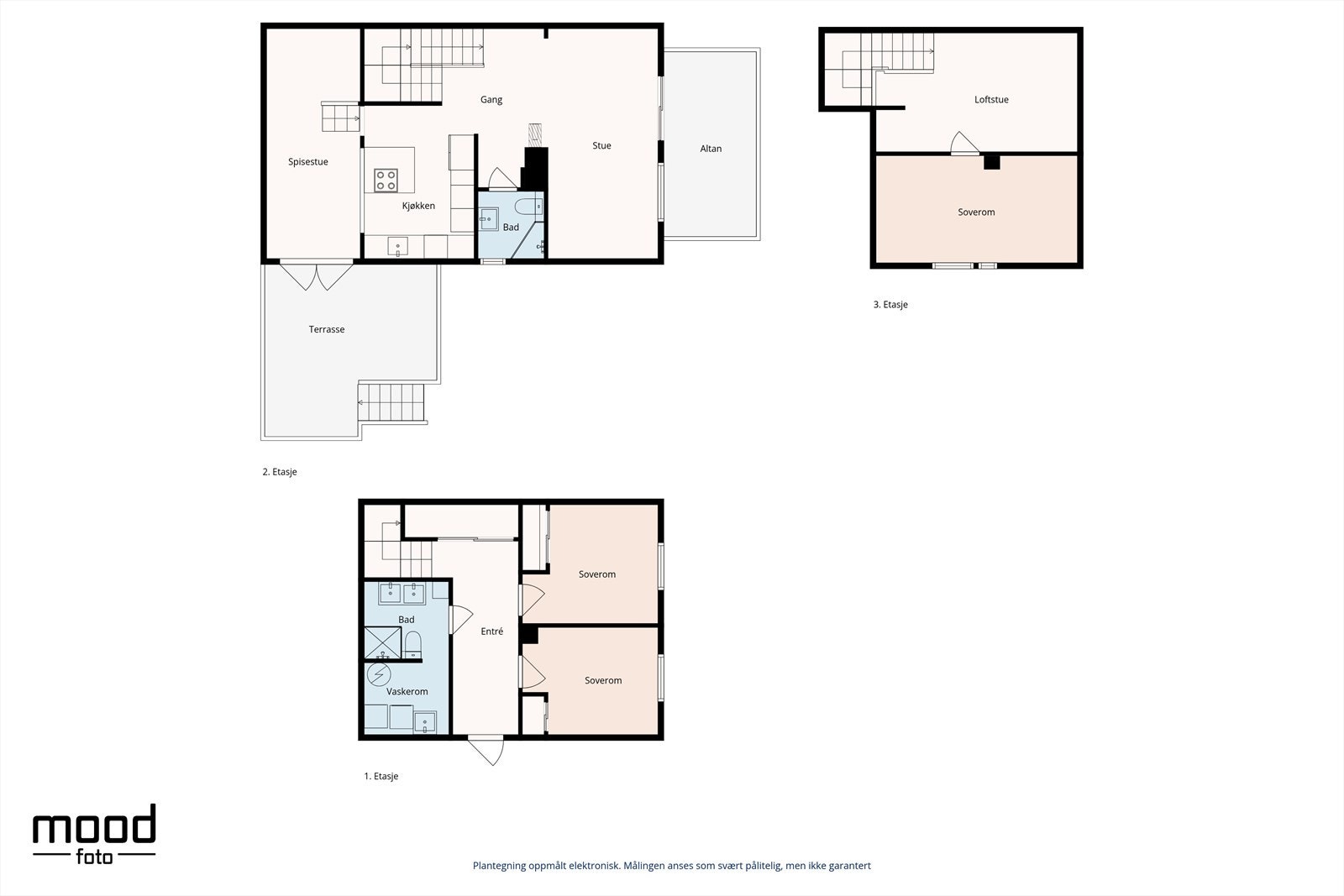 Boligen går over tre plan og har en funksjonell planløsning med sosiale soner i andre etasje og soverom fordelt på første etasje og loft. Galleribilde