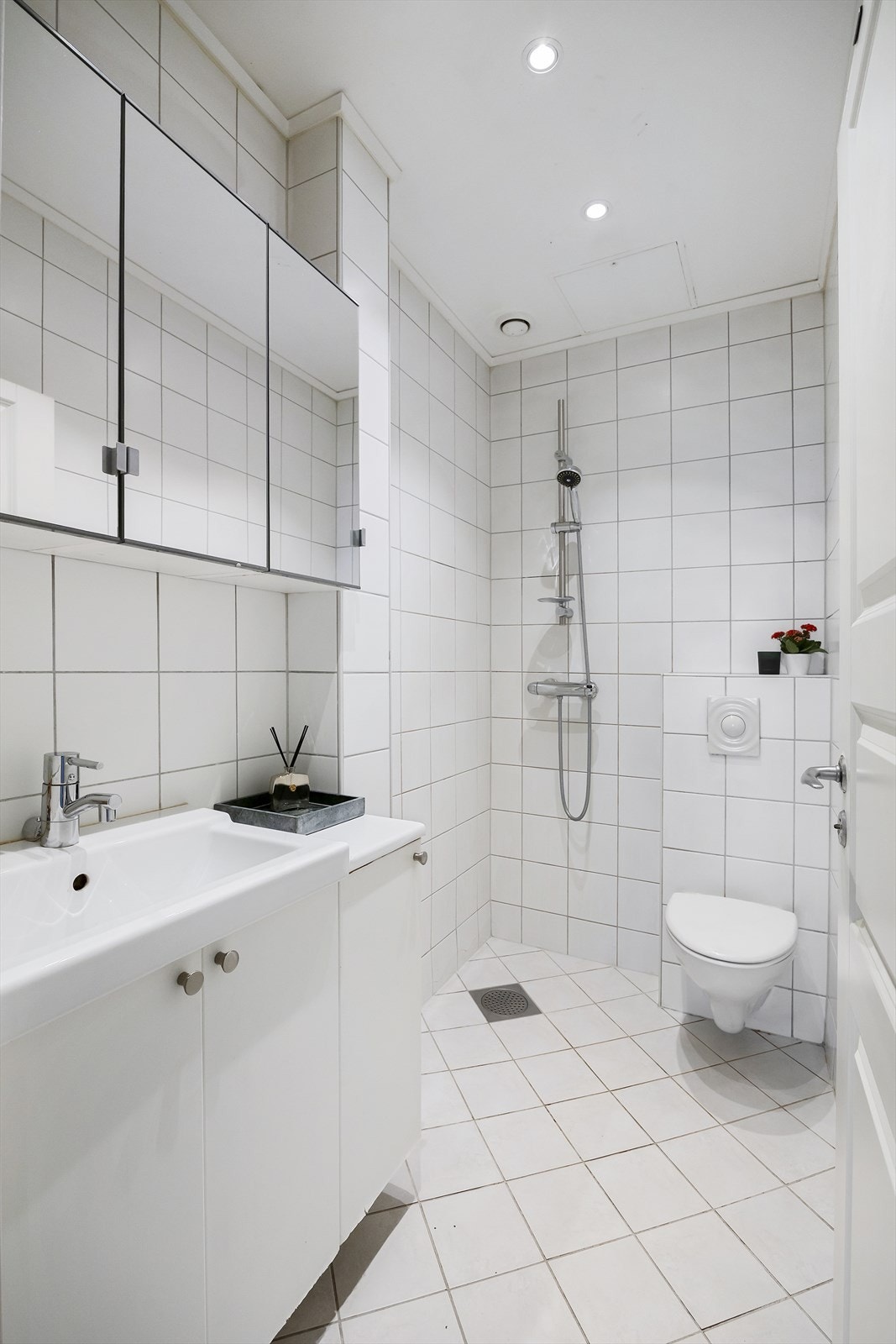 Rommet er innredet med servantskap med glatte fronter, servant med ettgreps blandebatteri, speilskap, dusjløsning og toalett. Et funksjonelt bad med lyse overflater og praktisk innredning. Galleribilde