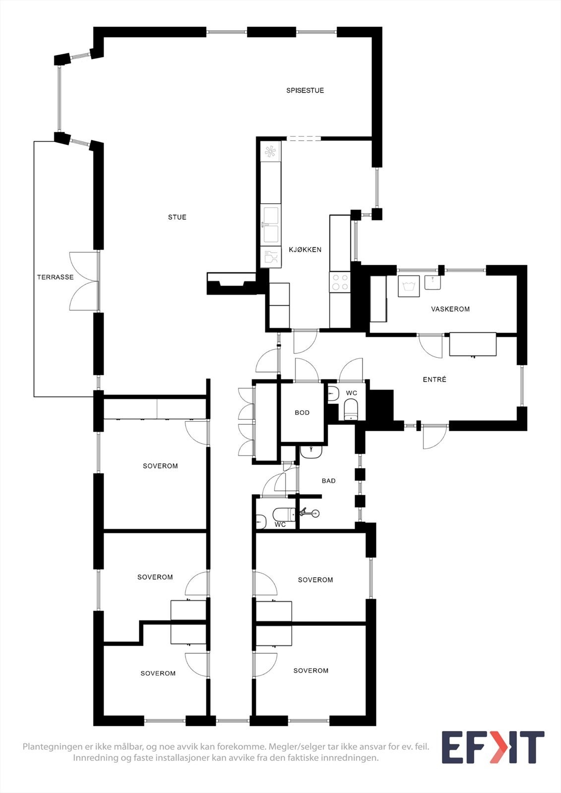 En praktisk planløsning på ett nivå, med fire soverom, kontor og adskilte soner for opphold og hvile. Galleribilde