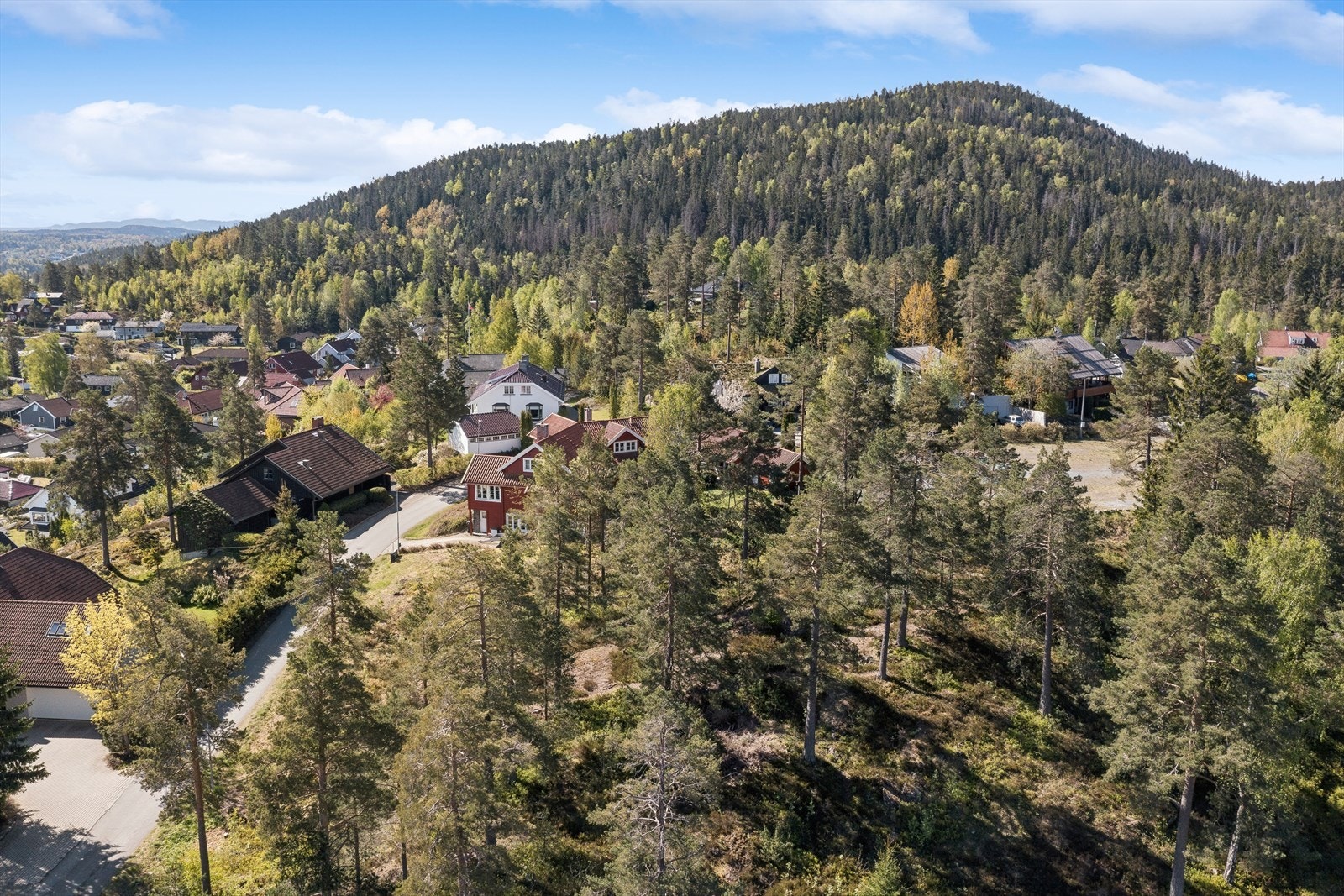 Konsentrert småhusbebyggelse med Vardåsen rett bak. Galleribilde