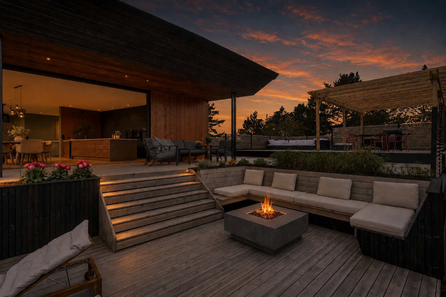 Uteområdet byr på en helt spesiell stemning også etter solnedgang, med lune oppholdssoner og en atmosfære som inviterer til lange sommerkvelder. (Kveldsillustrasjon) Galleribilde