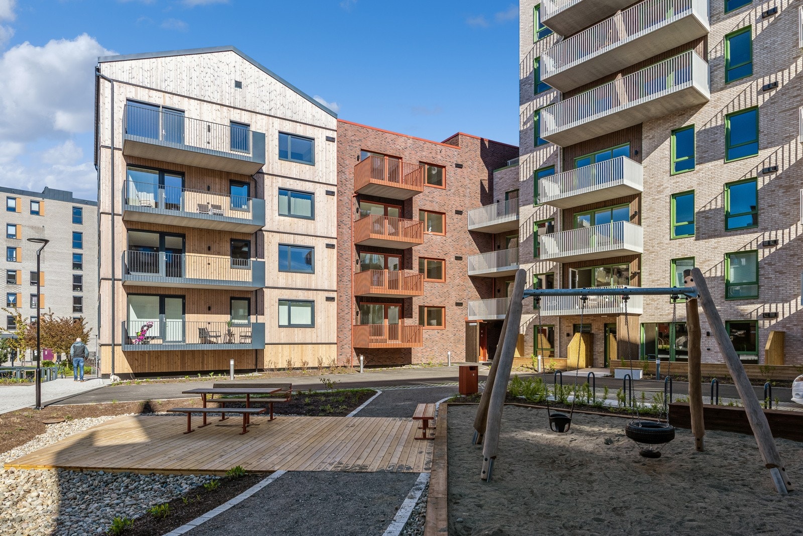 Fantastiske uteområder med gangveier til oppgangene og både lekeplasser og sittegrupper. Galleribilde