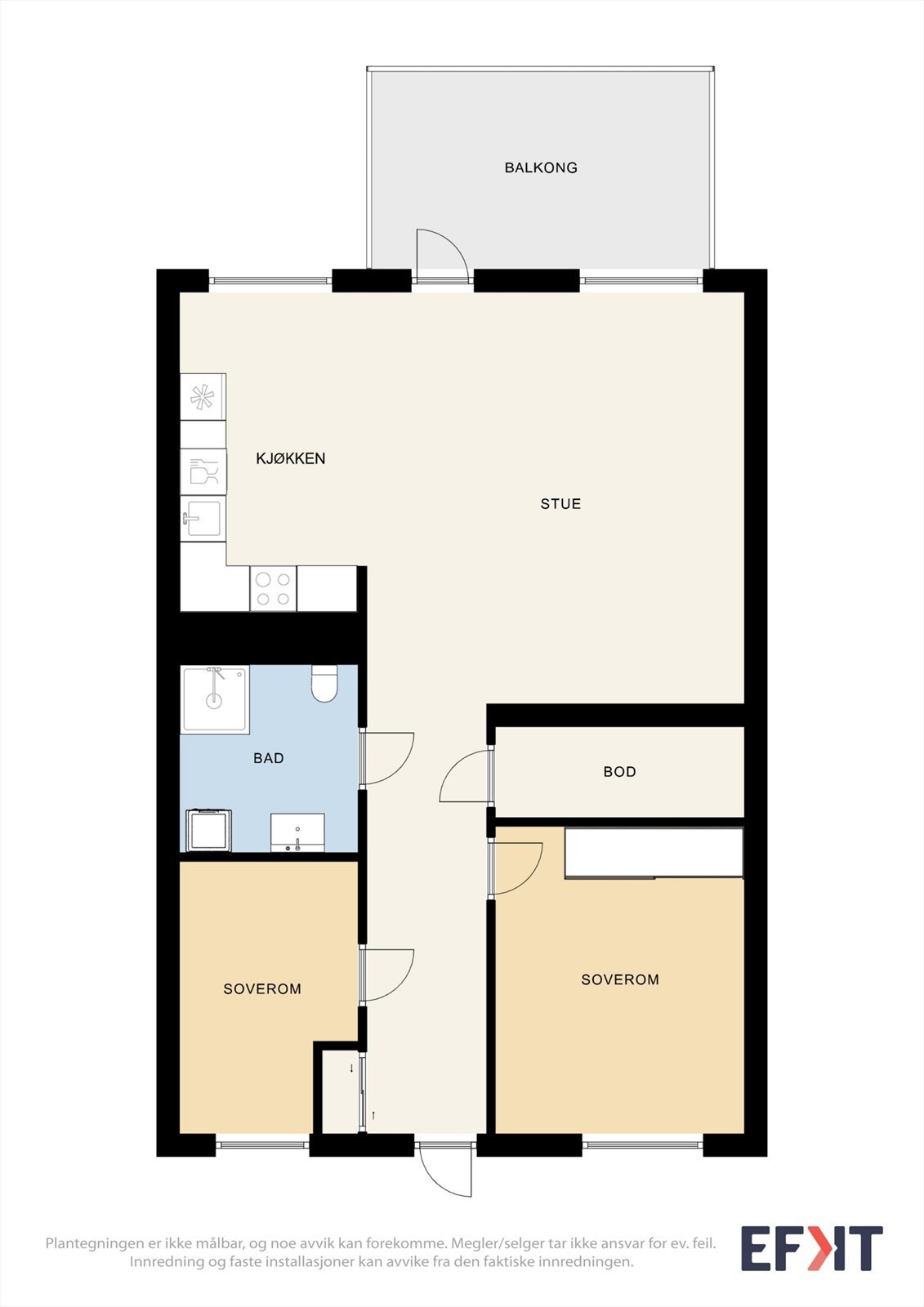 Leiligheten har en arealeffektiv planløsning med to soverom, en innvendig bod og en ekstern bod på 5 m² i samme etasje. Galleribilde