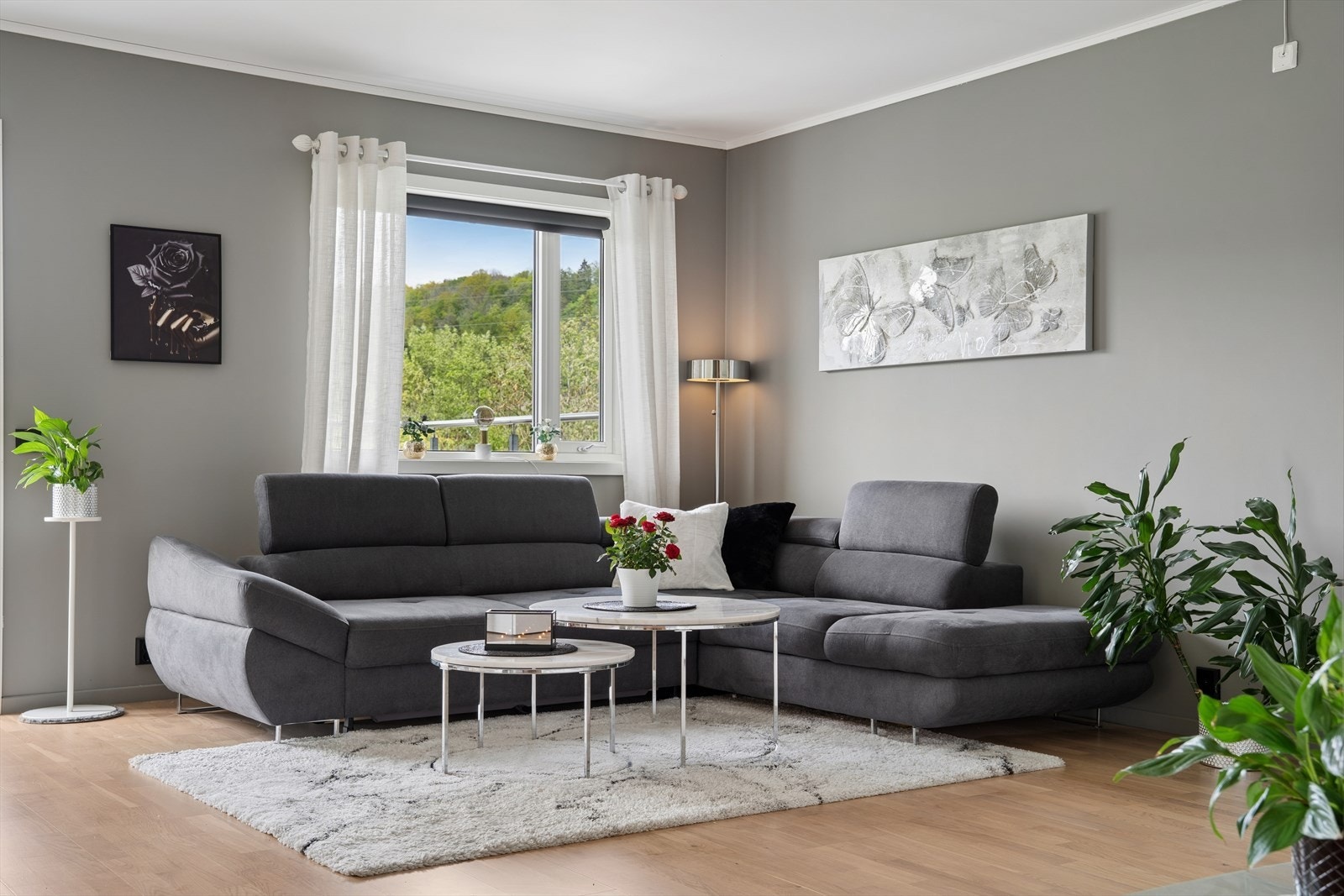Store vindusflater slipper inn dagslys og gir utsikt mot grønne omgivelser. Galleribilde