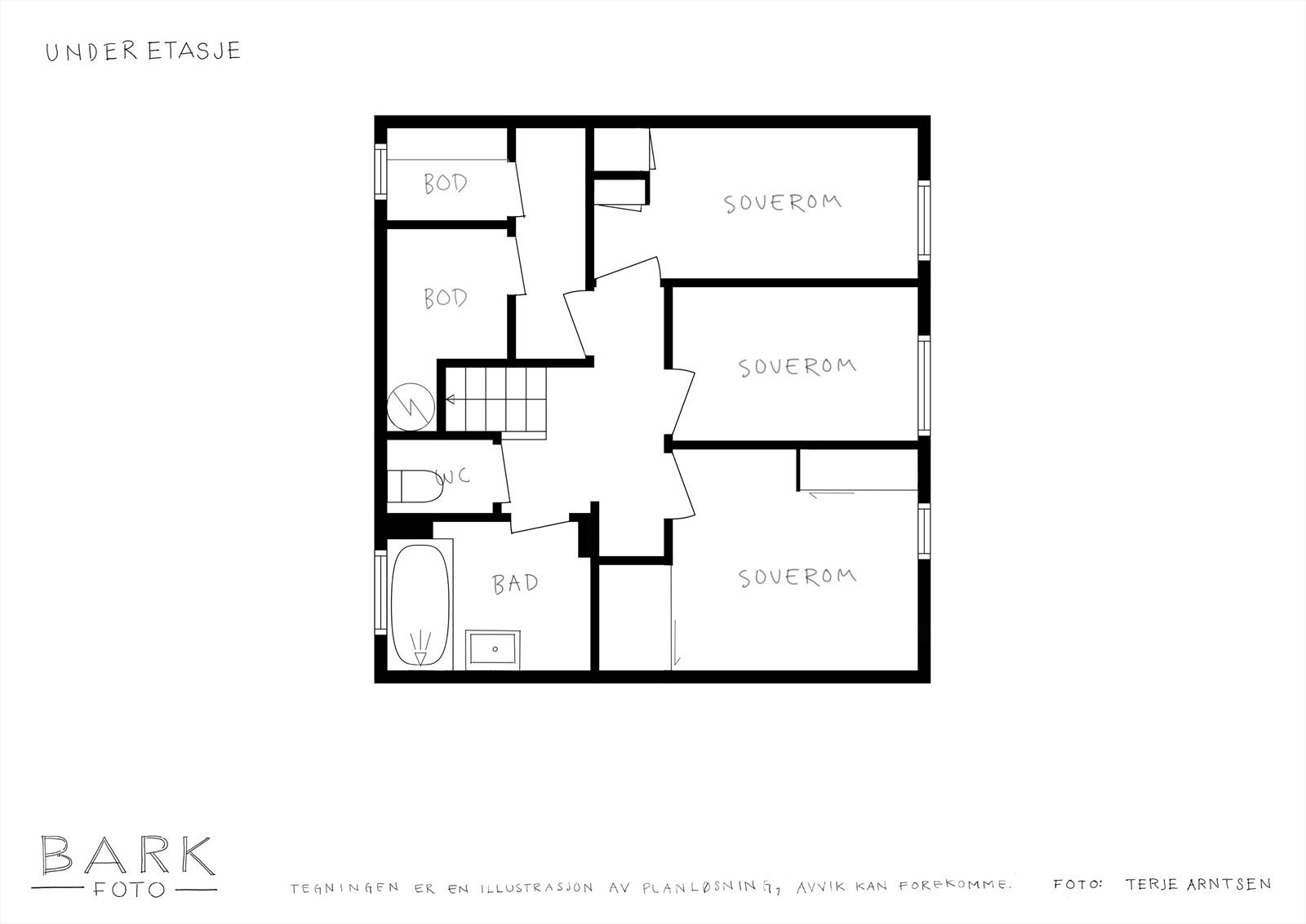 Underetasje (45 m²) inneholder tre soverom, bad, toalettrom og to praktiske boder. Galleribilde
