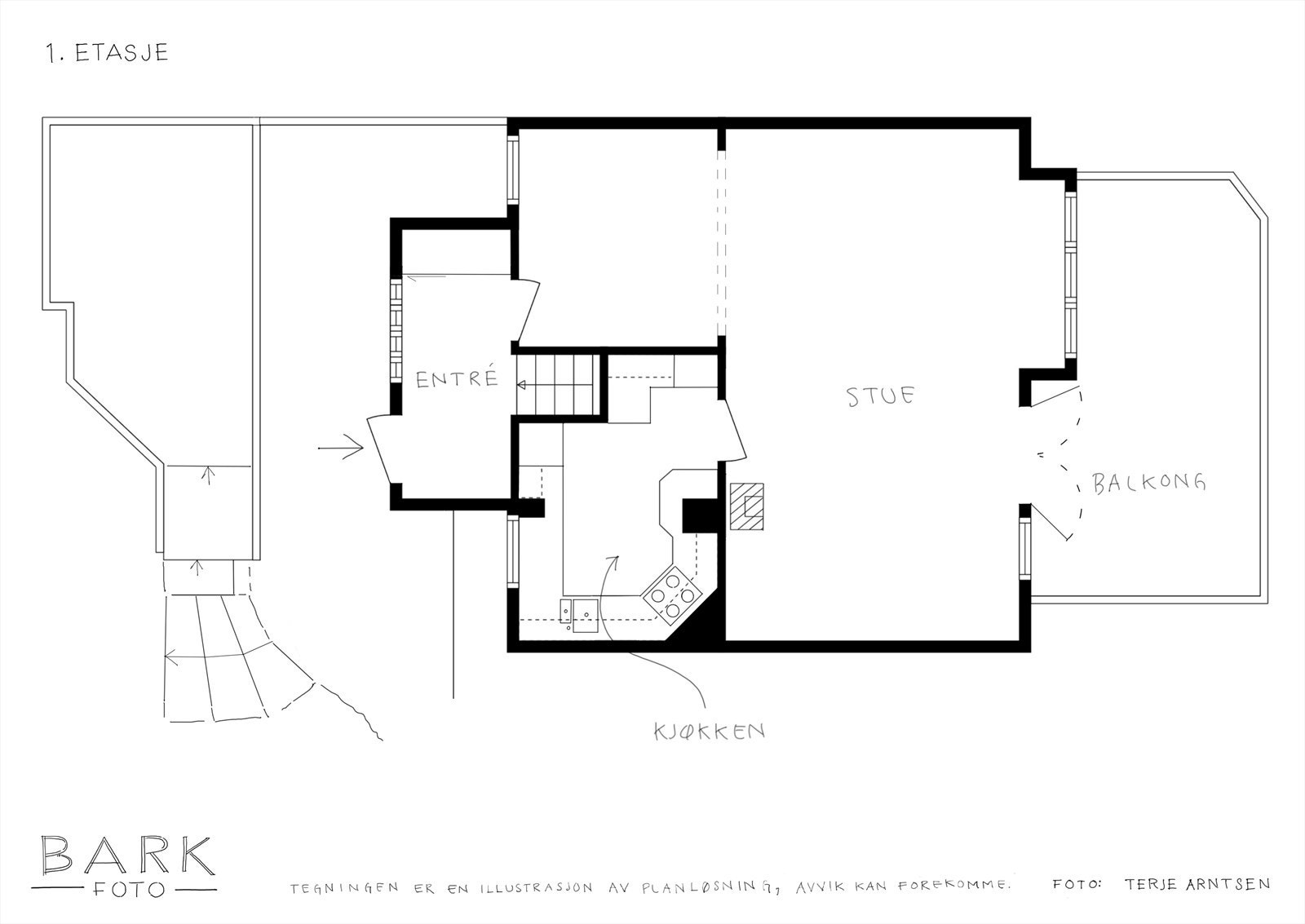 Hovedplan (48 m²) inneholder entré, kjøkken (med tilkomst til loft) og stue med utgang til altan. Galleribilde