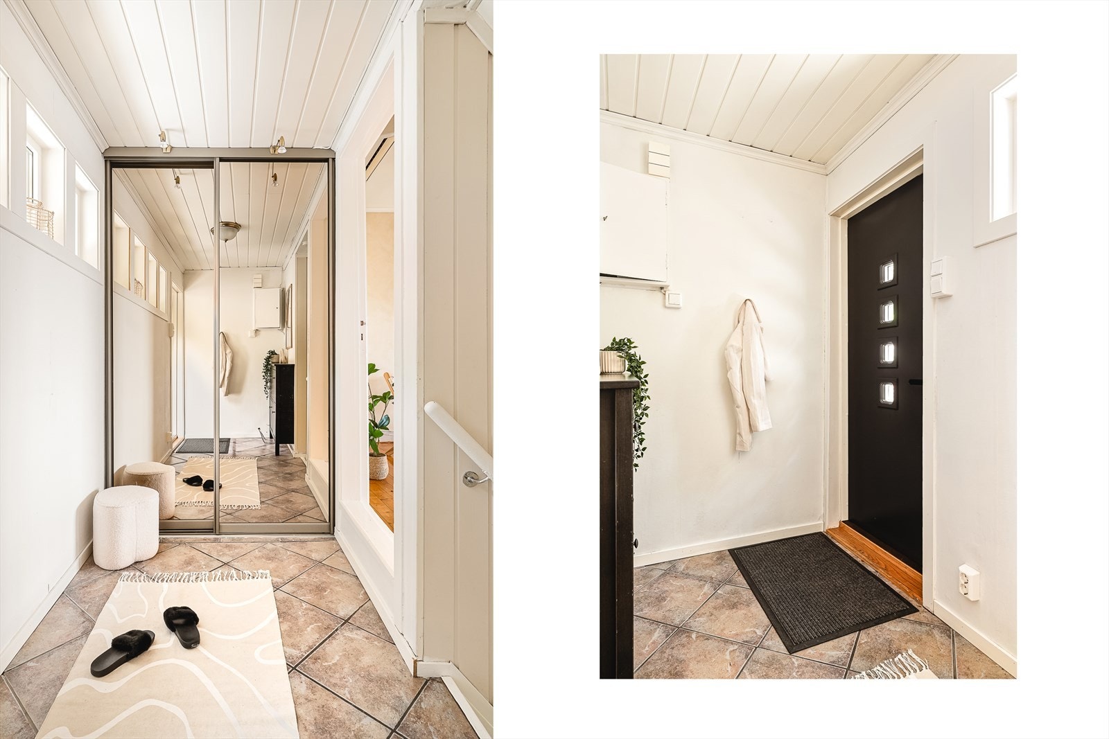 Entré med flislagt gulv og plass til oppbevaring. Ytterdøren er fra 2009. Skyvedørsgarderobe med speilfronter. Galleribilde