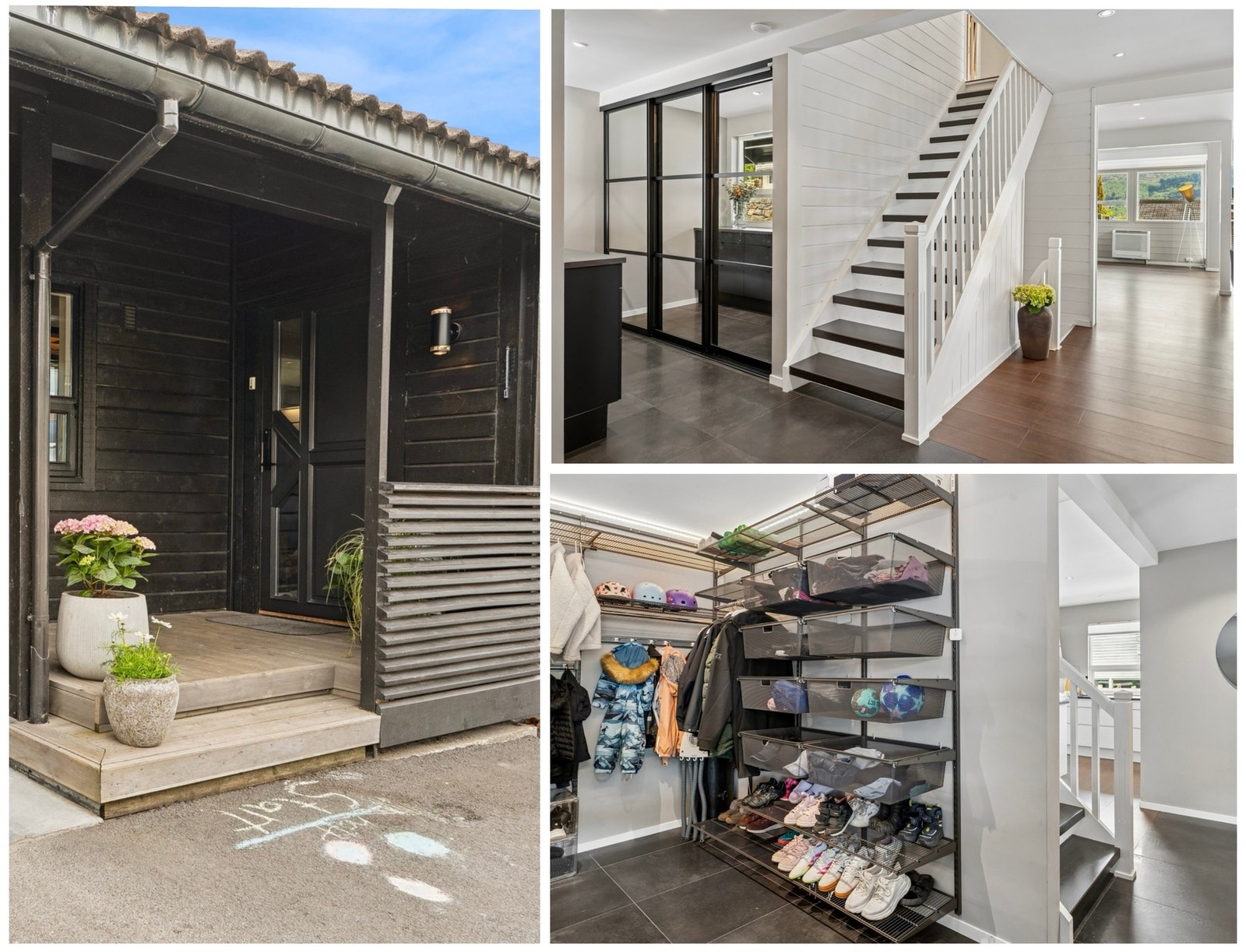Kodelås på inngangsdøra og stor garderobe med praktiske oppbevaringsløysingar bidreg til ein familievenleg kvardag Galleribilde