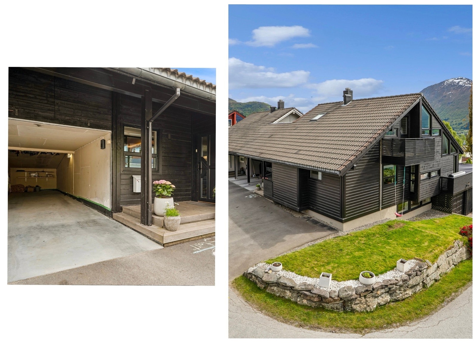 Djup carport med plass til to bilar like ved overbygd inngangsparti - her kan ein gå tørrskodd frå bil til bustad. Smarte oppbevaringsløysingar med oppheng til ski og anna utstyr, samt praktisk lagringsloft Galleribilde
