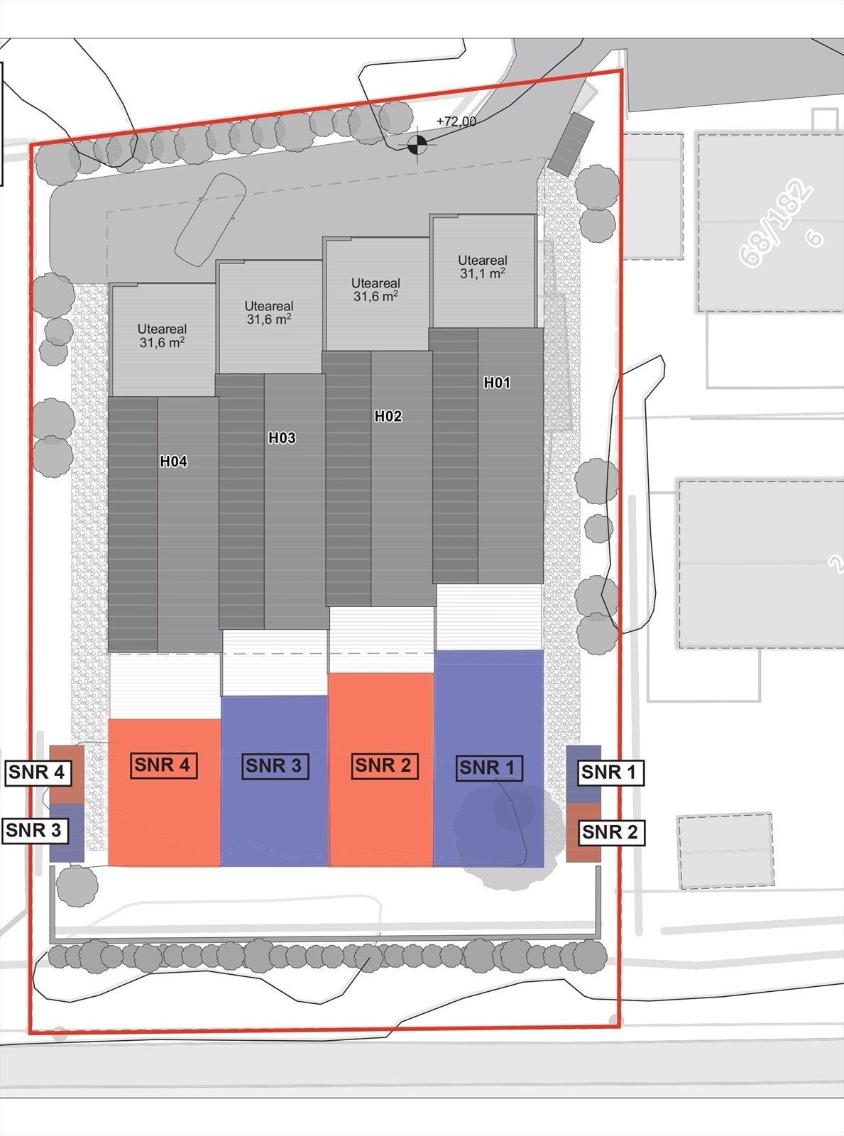 Hver enkelt seksjon får bruksrett på eget hageareal utenfor boligen. Det er i tillegg til sportsbod i forbindelse med carport, ekstra sportsboder for enhetene utvendig. Galleribilde
