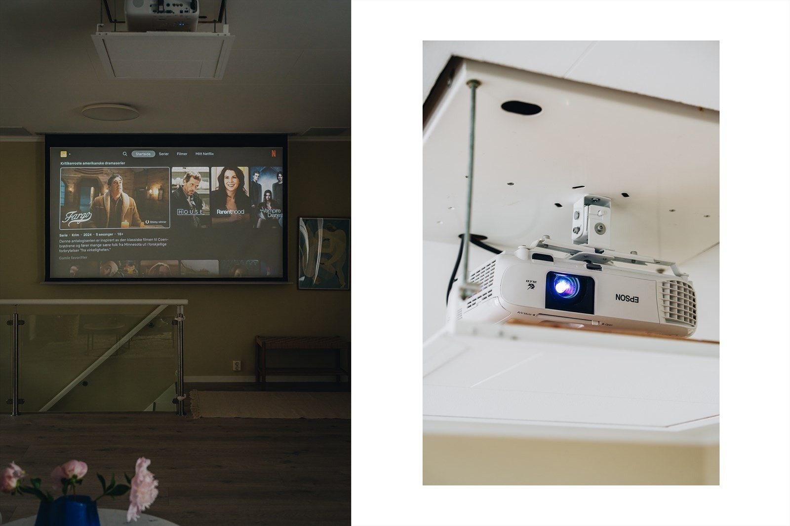 Projektor, lerret og lydanlegg følger med, og har fungert som boligens daglige TV-løsning på en diskret og plassbesparende måte. Galleribilde