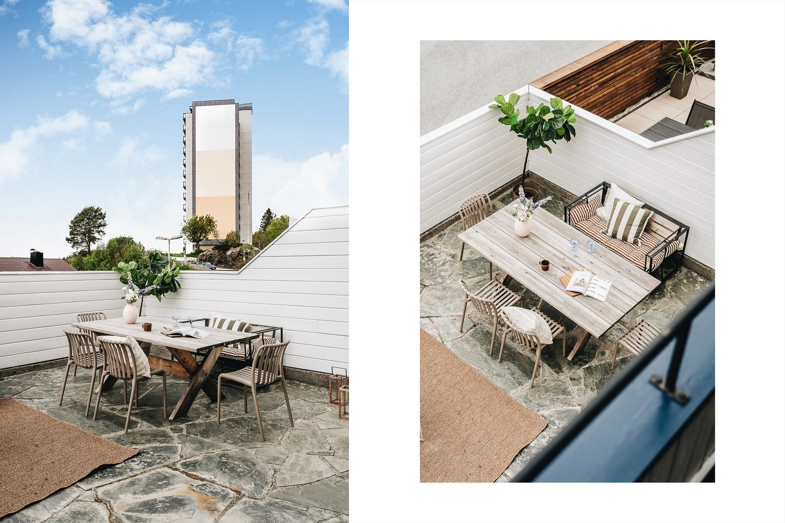 Den store, hellelagte uteplassen på 34,4 m² gir svært gode muligheter for flere soner med både spisegruppe, loungeområde og grillplass. Her kan man nyte gode solforhold fra midt på dagen til sent på kveld (ca. 21.00) i sommerhalvåret. Galleribilde