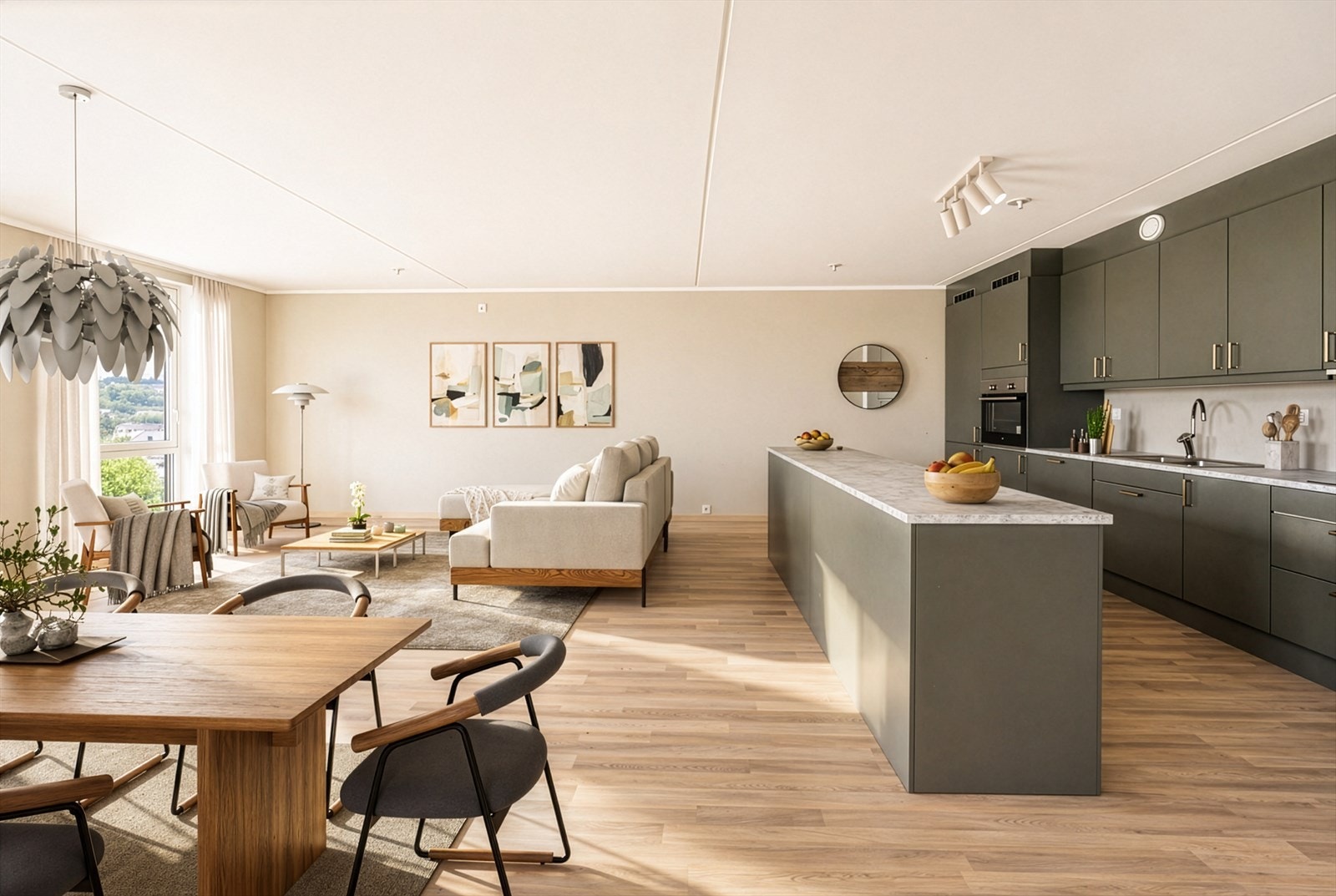 Med et skarpt øye for detaljer er det lagt vekt på design og funksjonalitet i hele hjemmet, fra smakfulle løsninger på kjøkken og bad til innredninger hvor estetikk og praktiske behov møtes. (digital møblering, kun en illustrasjon) Galleribilde
