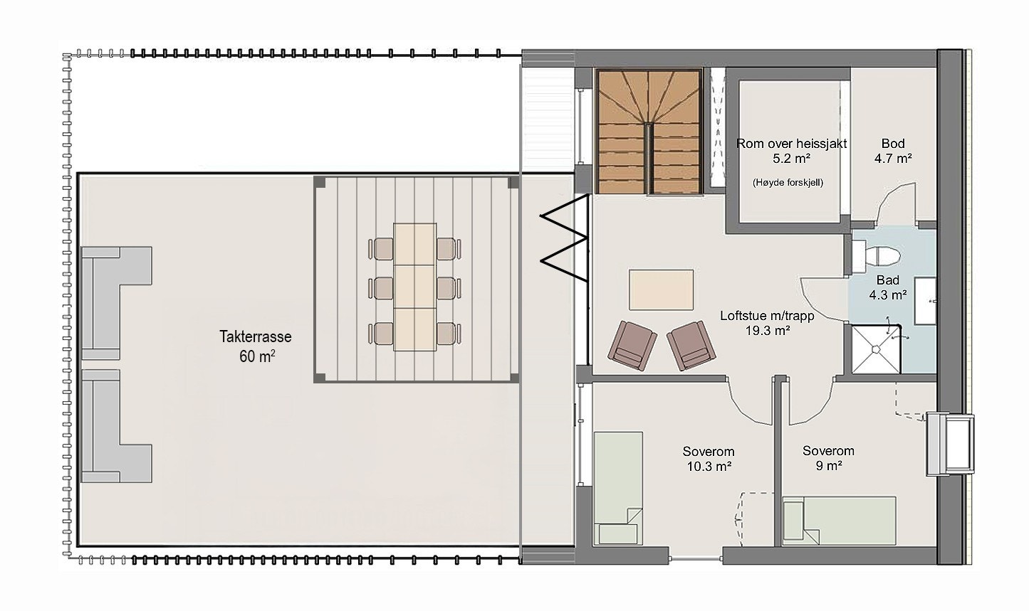 Loftsetasjen inneholder en ekstra stue, to soverom, bad og bod. Herfra er det utgang til den store takterrassen. Galleribilde