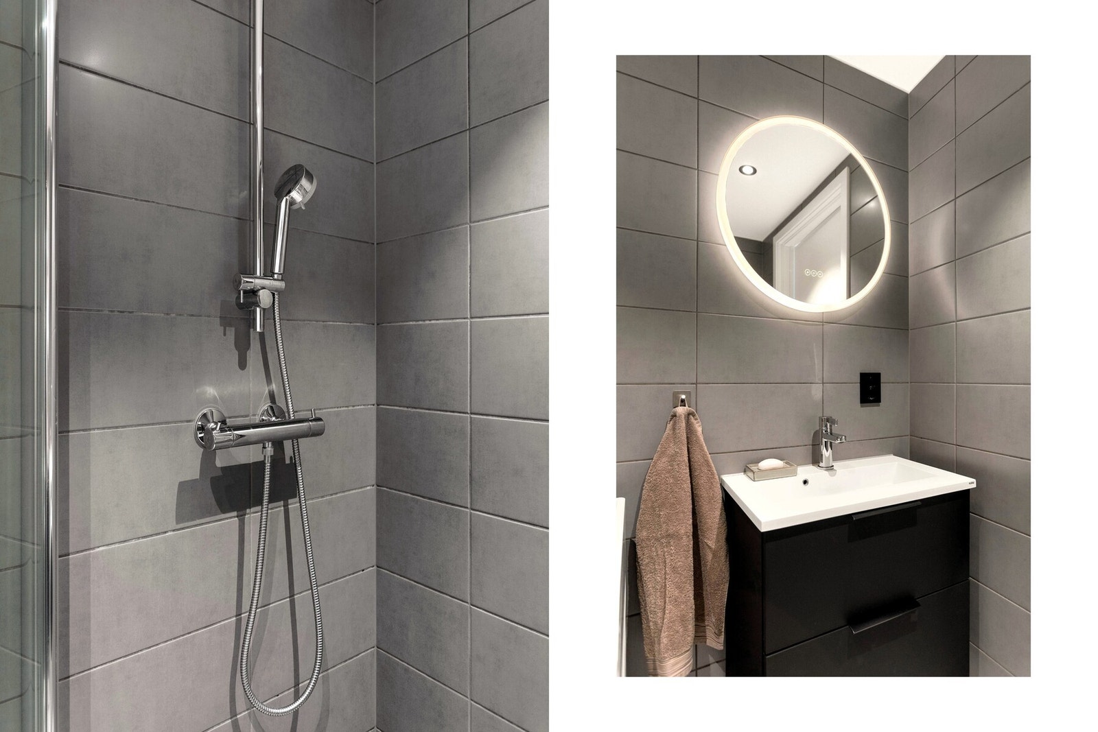 Badet har dusjhjørne med innfellbare glassdører, vegghengt toalett samt servant med benkeskap med profilerte fronter og speil over servant. Galleribilde