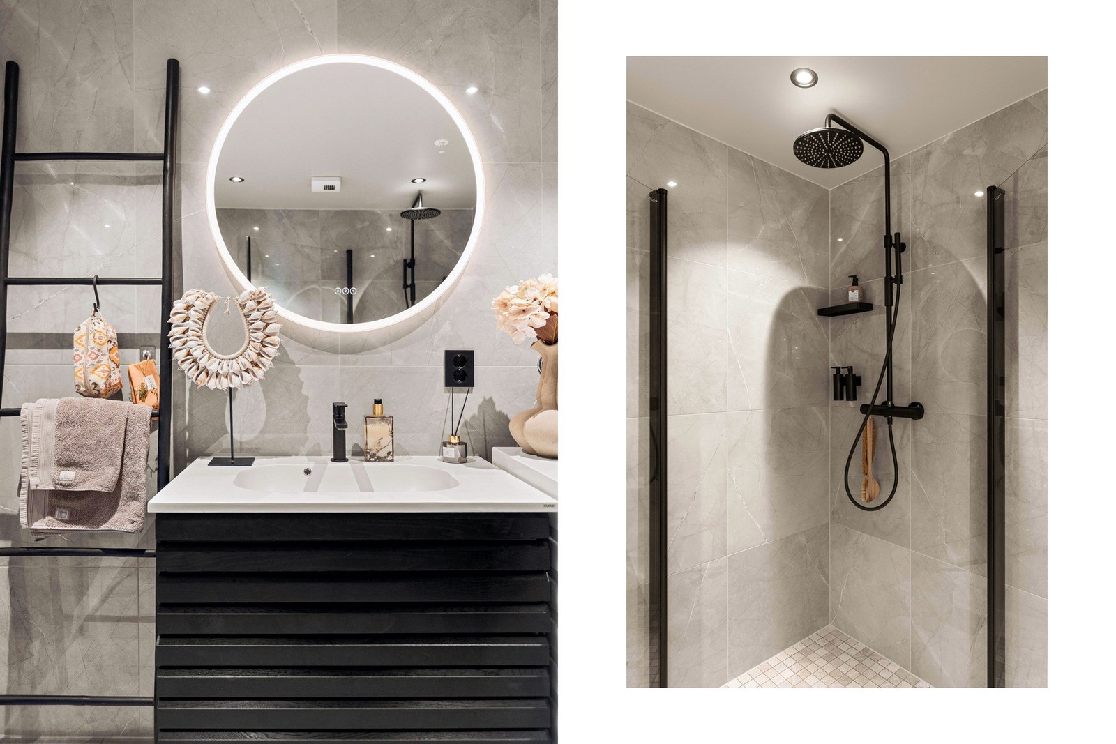 Badet har et stilrent uttrykk med dusjhjørne med innfellbare glassdører, vegghengt toalett, servant med benkeskap, speil over servant og opplegg til vaskemaskin. Galleribilde