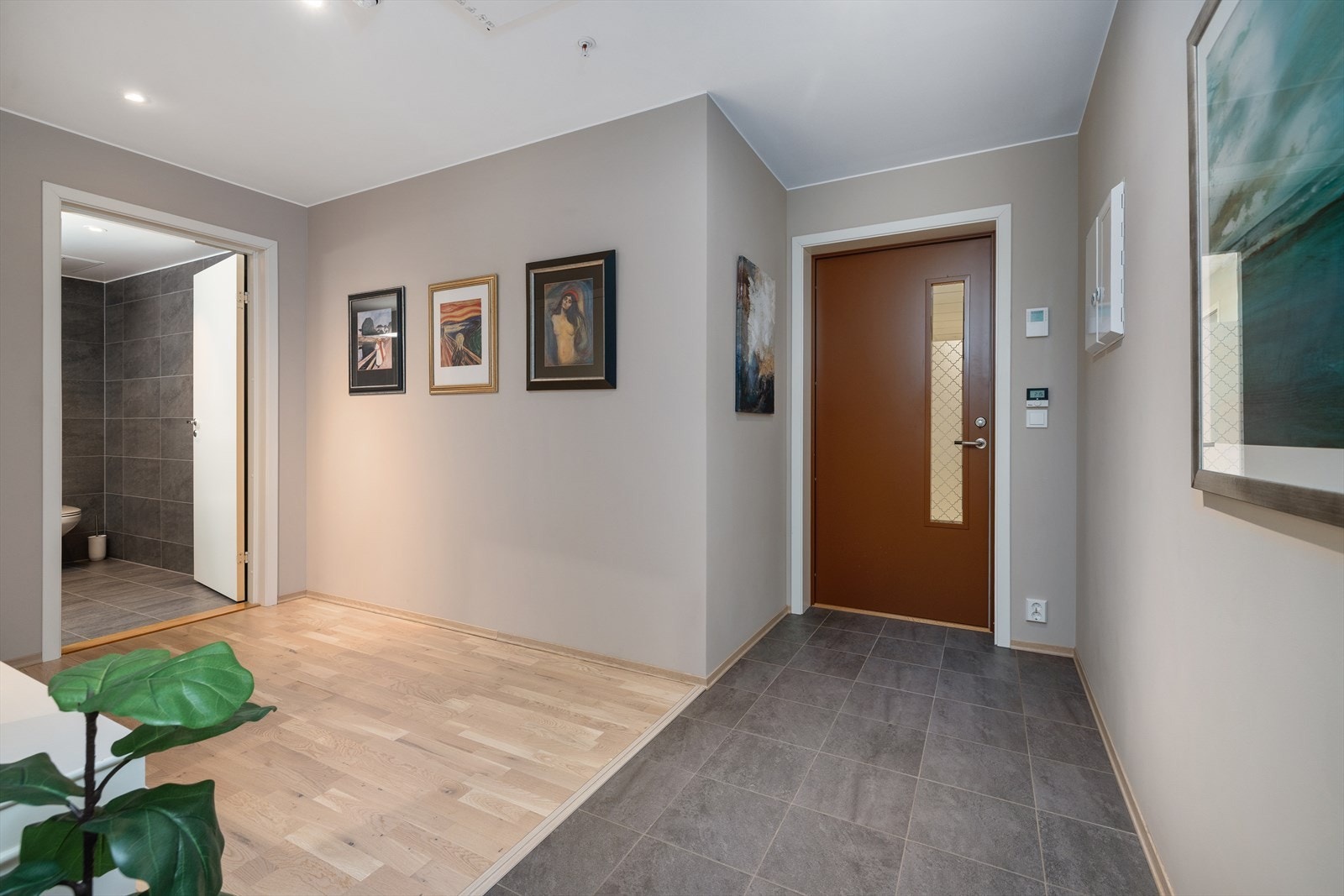 Velkommen inn i en romslig entré. Ytterdøren er en brann- og lyddør med glass. Galleribilde