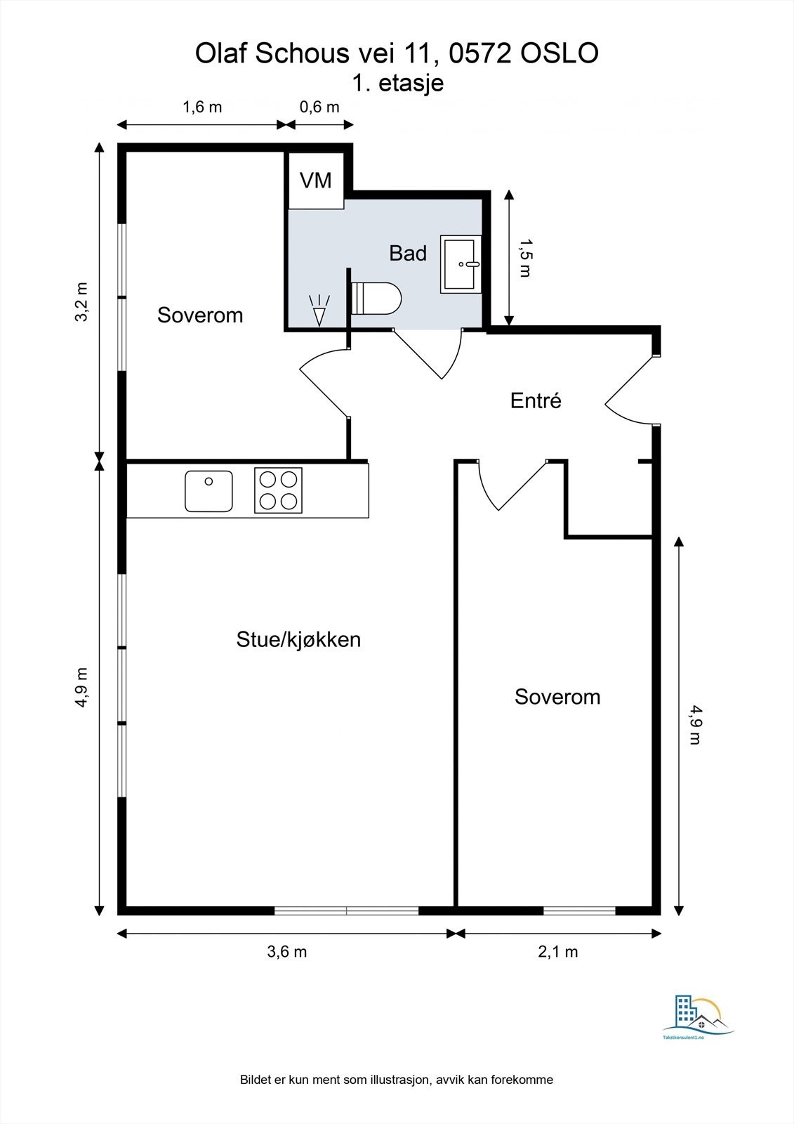 Effektiv planløsning med to soverom og en åpen, sosial sone for stue og kjøkken. Galleribilde