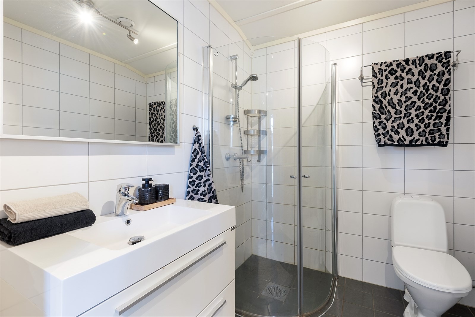 Innredet med lys innredning og dusj. Galleribilde