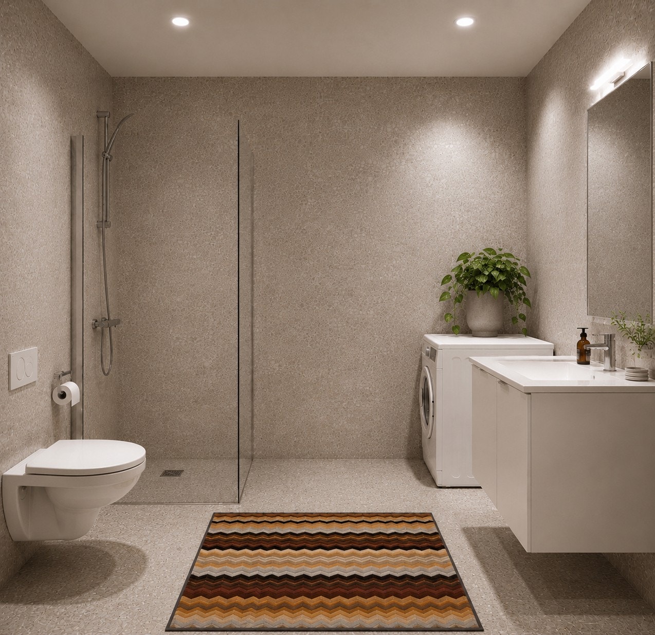 Badet er flislagt med beige/lys grå keramiske fliser - opplegg for vaskemaskin og tørketrommel. Bildet er AI-generert, endelig leveranse kan avvike. Galleribilde