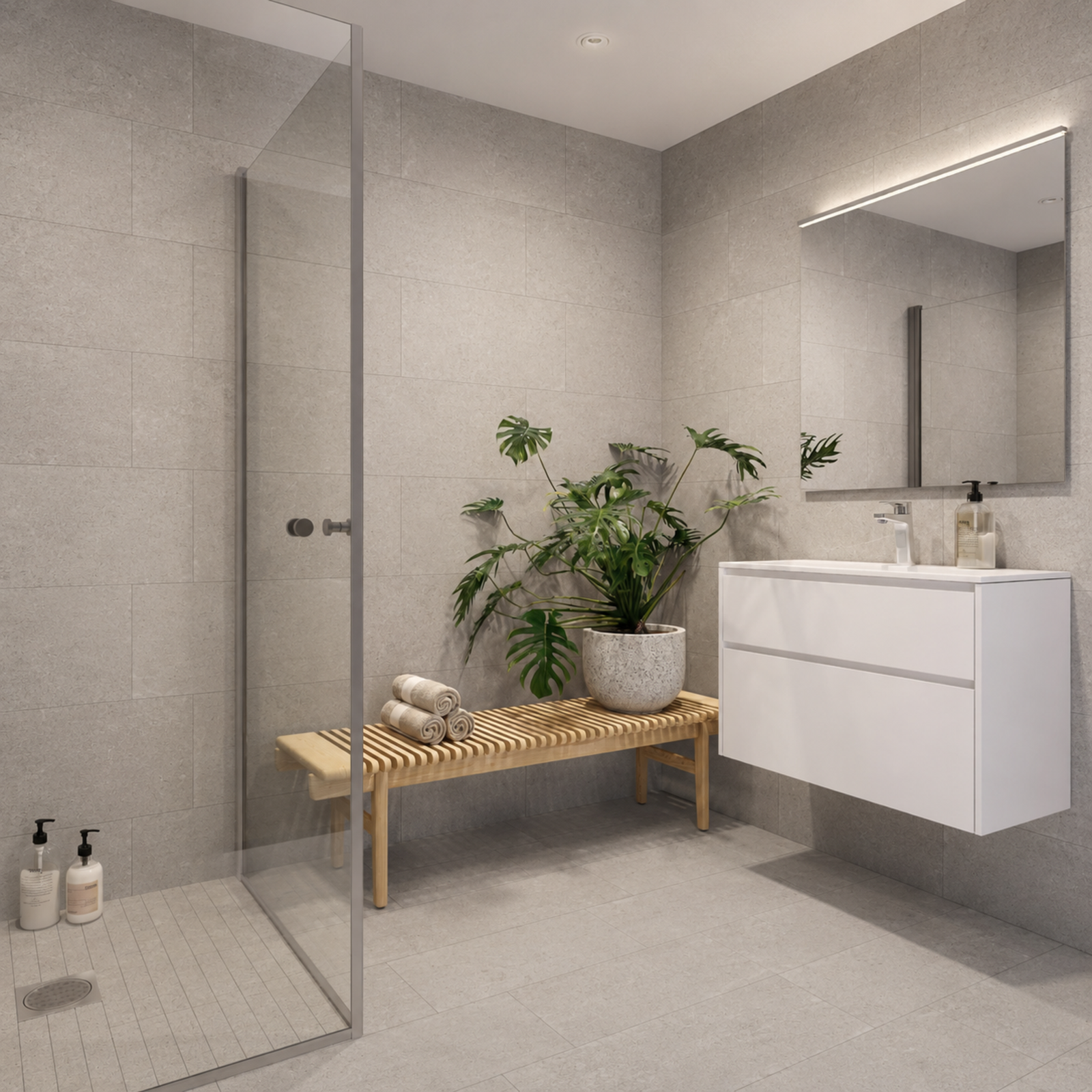 - Helfliset bad på 4,3 m² med Marazzi Factor Grigio-fliser i størrelse 30x60, gulvvarme og LED-downlights - (Merk: Illustrasjons bilde, avvik vil forekomme) Galleribilde