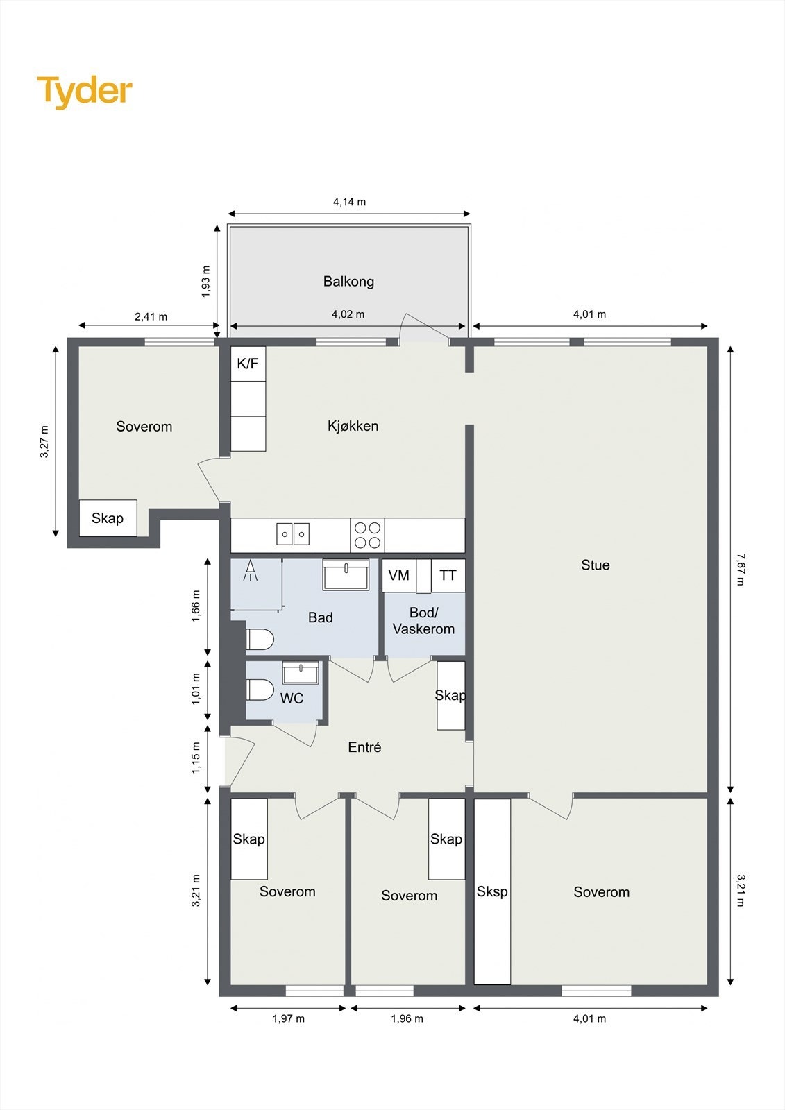 Plantegning som inneholder: Entré, stue, kjøkken, 4 soverom, bad, vaskerom og wc. Galleribilde
