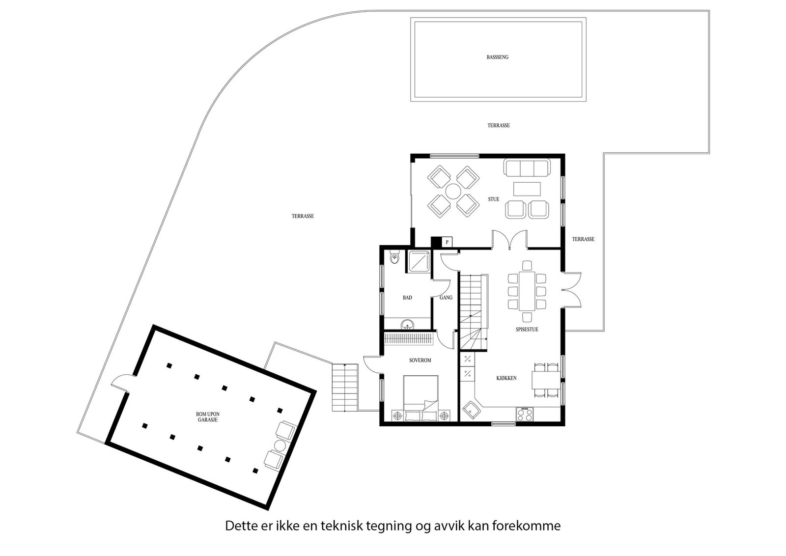 Planløsning for hovedetasjen, uteområdet samt innredet rom over garasjen Galleribilde