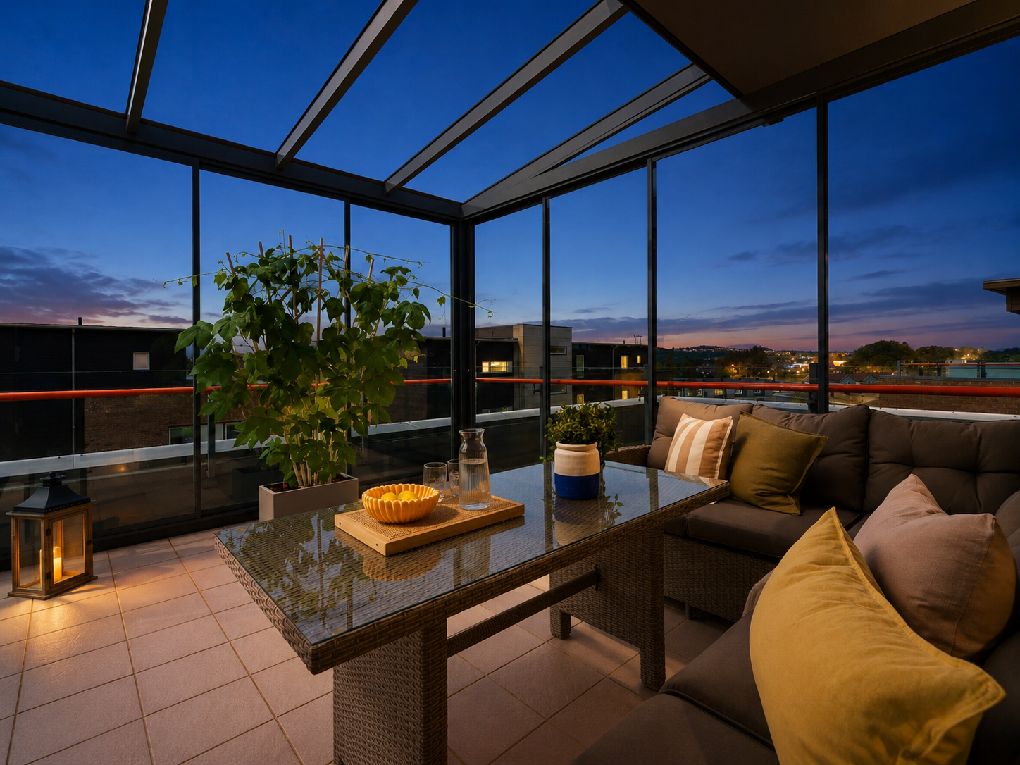 Stor terrasse med en lun, innglasset del som gir en behagelig uteplass skjermet for vær og vind (Bildet er KI-generert fra et dagbilde til et kveldsbilde og feil vedr. lyssetting/solretning etc. kan forekomme.) Galleribilde