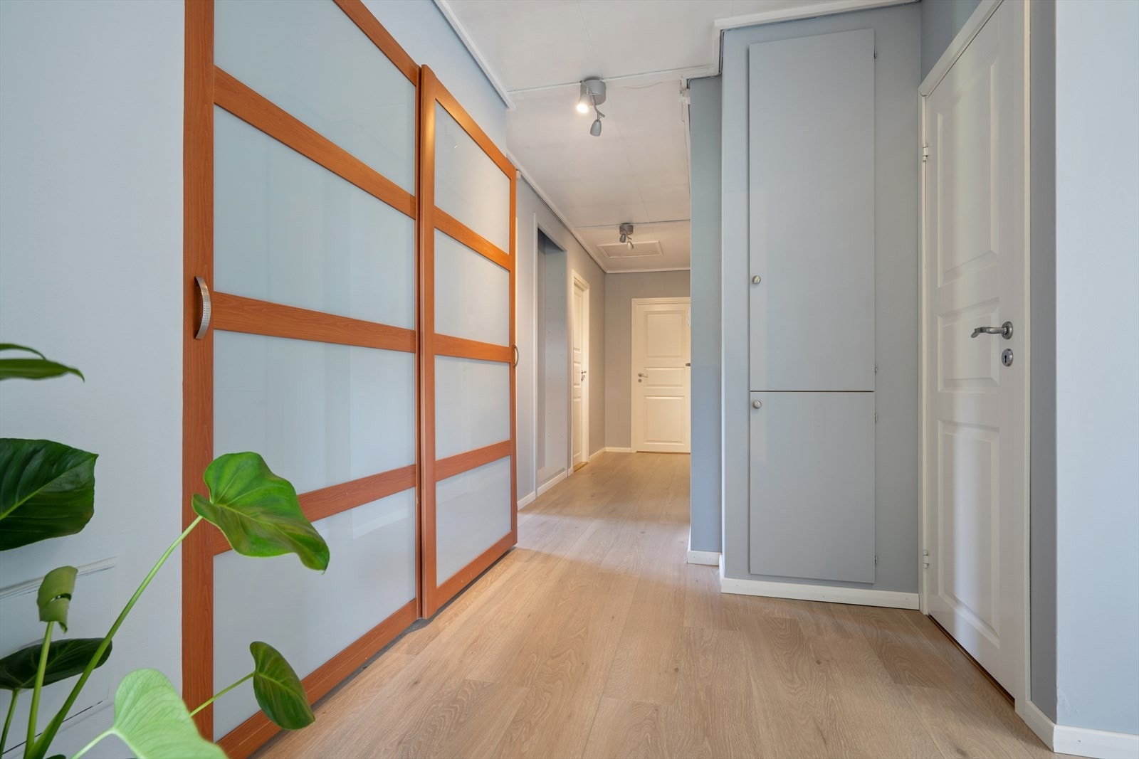 Gang med garderobeløsning. Gangen fører til alle soverommene. Galleribilde