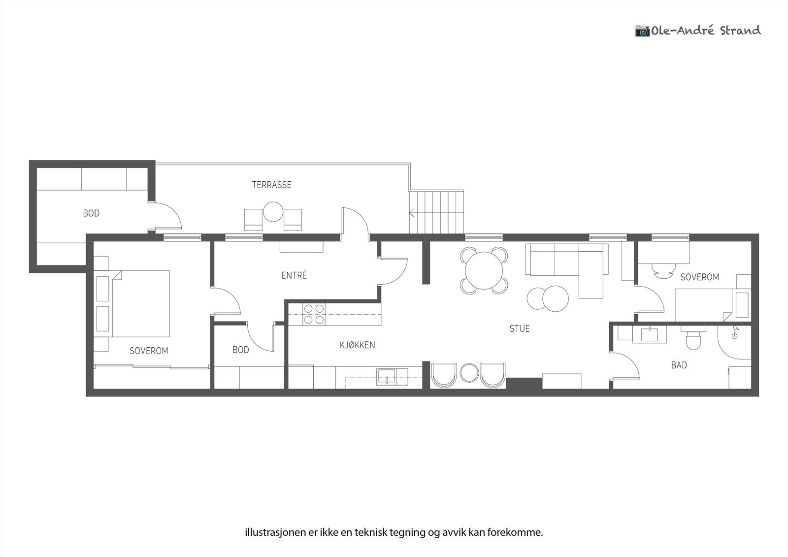Leiligheten inneholder entré/gang, stue m/åpen kjøkkenløsning, 2 soverom og baderom. Det medfølger også bod med utvendig adkomst. Galleribilde
