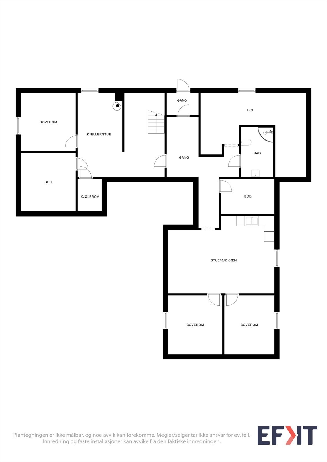 Kjelleretasjen har en separat del med stue/kjøkken, bad og to soverom. I tillegg finnes kjellerstue, et tredje soverom, boder og kjølerom. Galleribilde