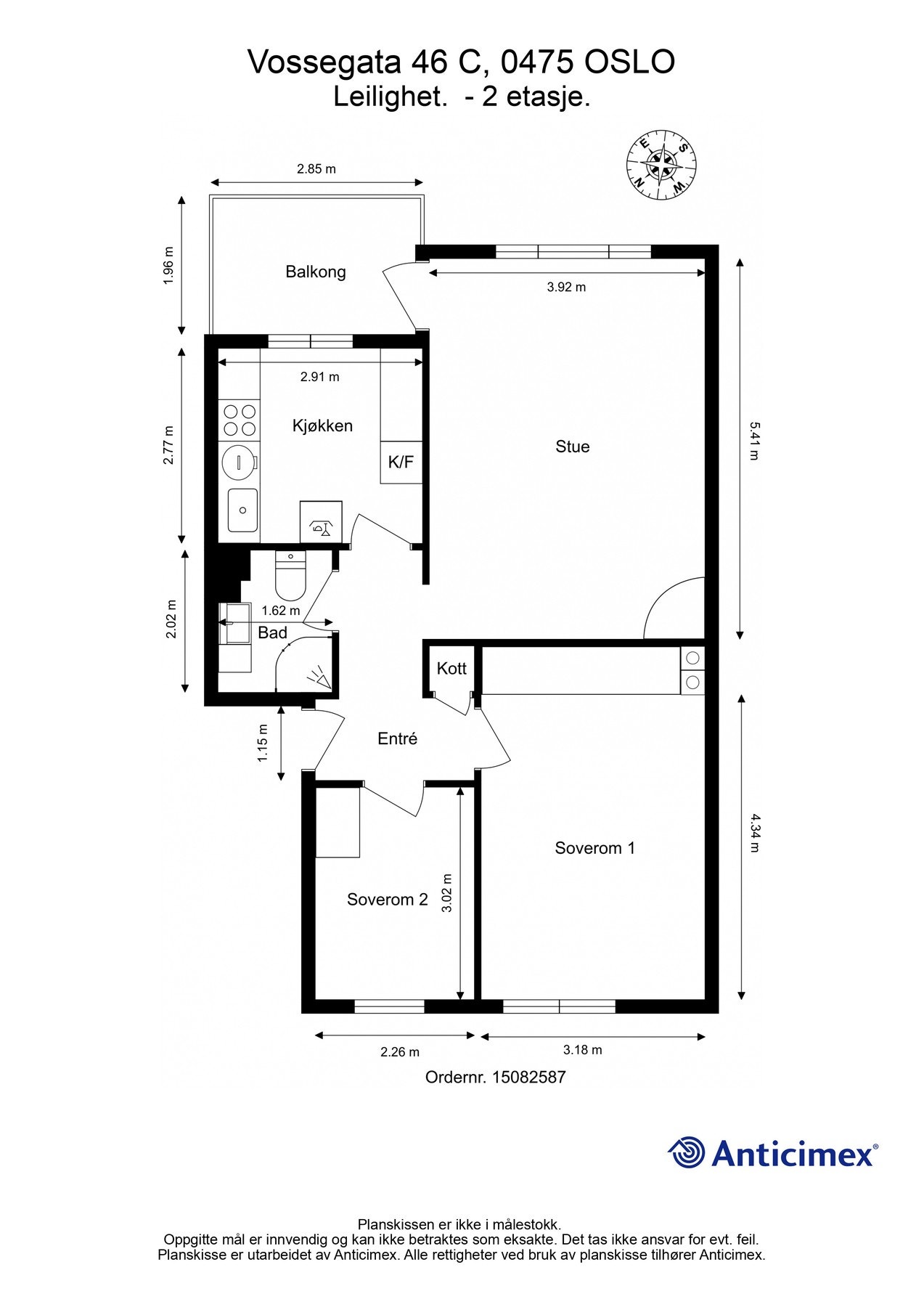 Plantegning 2. etasje. I tillegg disponerer leiligheten 3 boder; to kjellerboder på 4m², samt en loftsbod med gulvareal på 8m². Galleribilde
