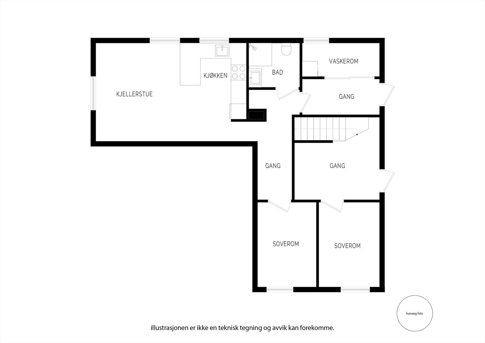 Første etasje inneholder en separat leilighet med egen inngang, i tillegg til entré, soverom og bod som tilhører hoveddelen. Galleribilde