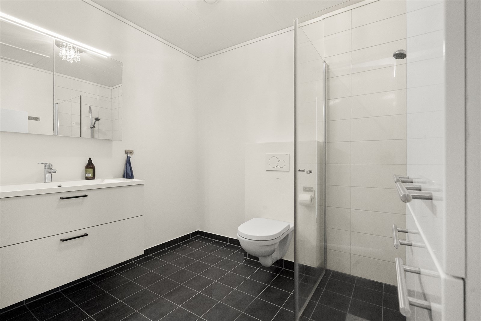 - Badet er innredet med servant i underskap, høyskap, speil med integrert lys, dusjhjørne og vegghengt toalett - Galleribilde