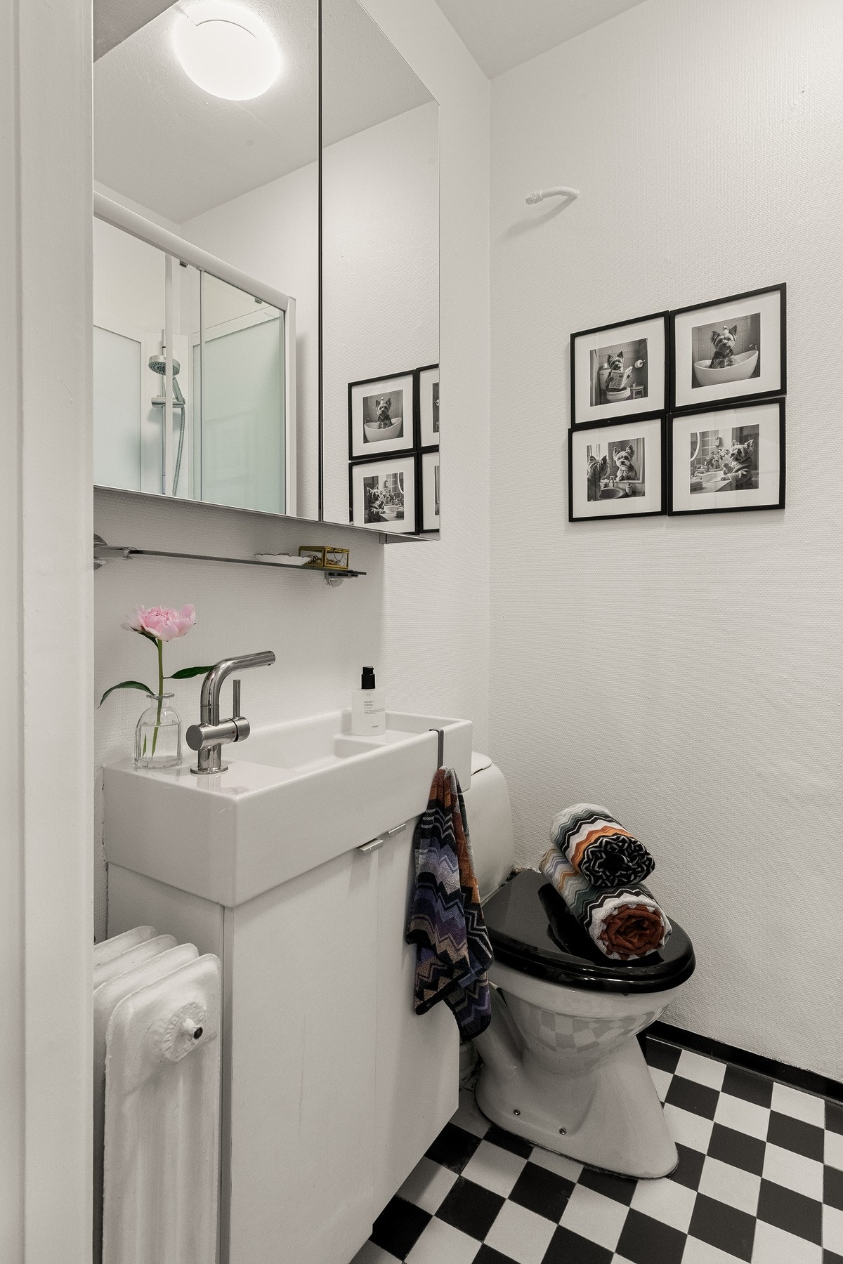 Badet er innredet med servant med underskap, speilskap, gulvstående toalett og dusjkabinett. Galleribilde