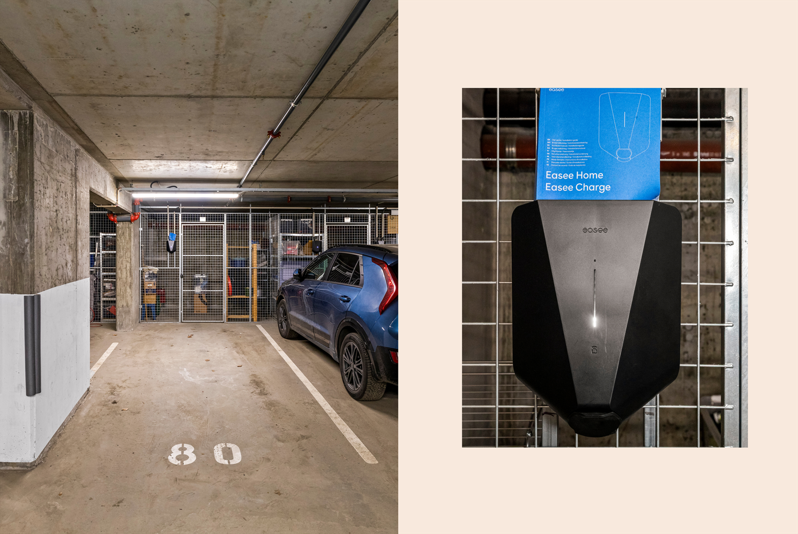 Leiligheten har en fast parkeringsplass i felles, underjordisk garasjeanlegg. Tilhørende sportsbod. Felles sykkelparkering i anlegget. Det er installert Easee elbillader på parkeringsplassen. Galleribilde