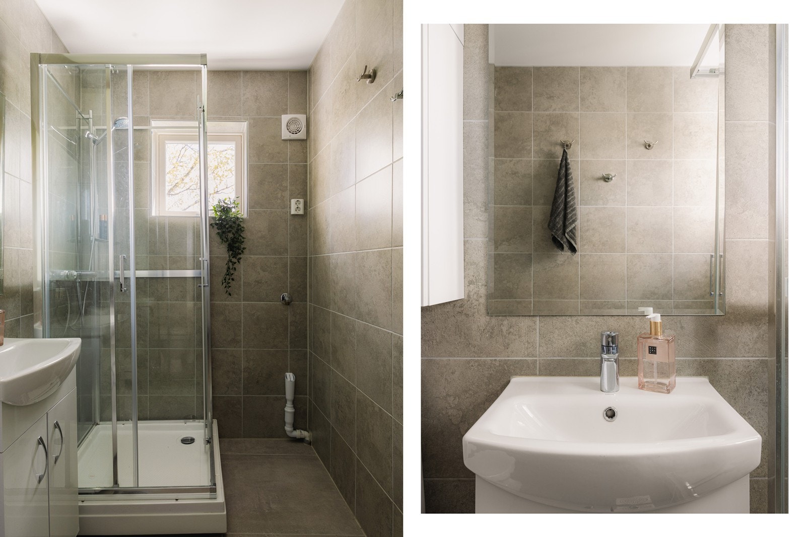 Badet har nøytrale fliser som gjør det enkelt å innrede med sitt eget preg. Videre har badet elektrisk gulvvarme og opplegg for vaskemaskin. Galleribilde