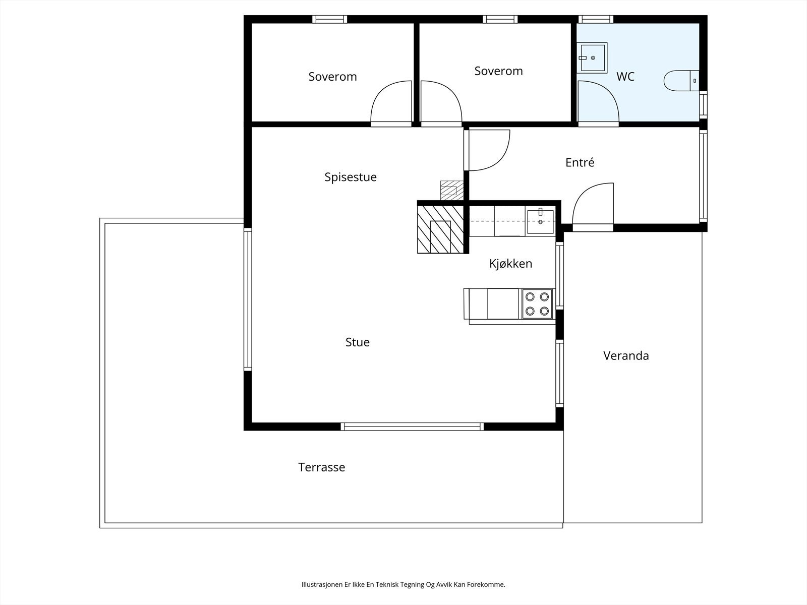 Plantegning. Det er bygget en veranda som ikke er på tegning, og tidligere overbygd areal ved inngangsparti er nå lukket inn med vegger. Begge tiltakene må byggemeldes og er søknadspliktige. Galleribilde