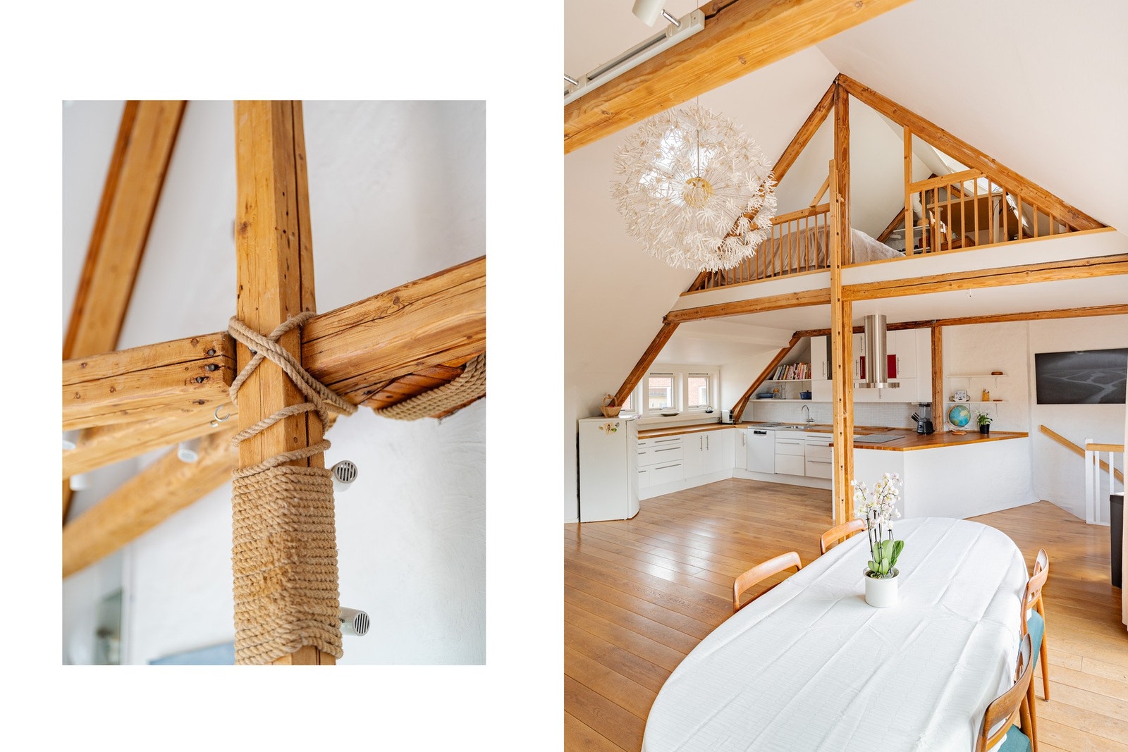 For oss som digger gamle bygg er det fascinerende når bjelkene er holdt originale og åpne som her. På bildet til høyre ser du en av de to hemsene. Galleribilde