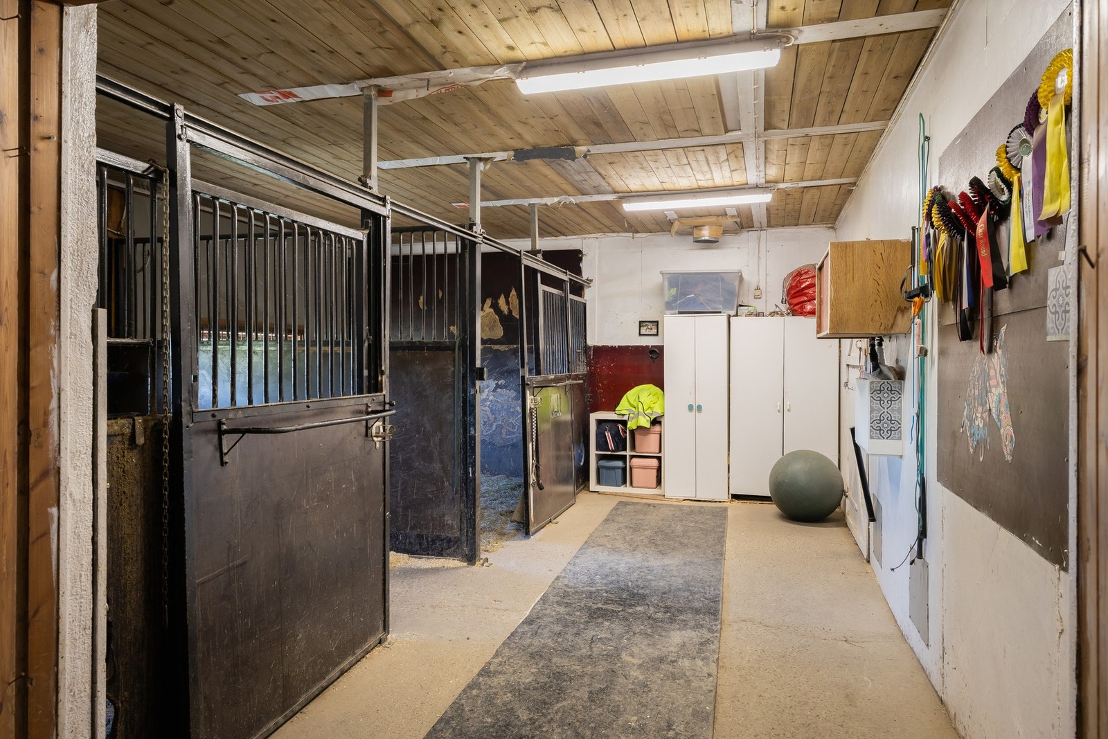Selve stallbygget er funksjonelt og godt vedlikeholdt, med 8 store, lyse bokser i godkjent størrelse, samt 3 mindre rom til lagring og fôr. Galleribilde