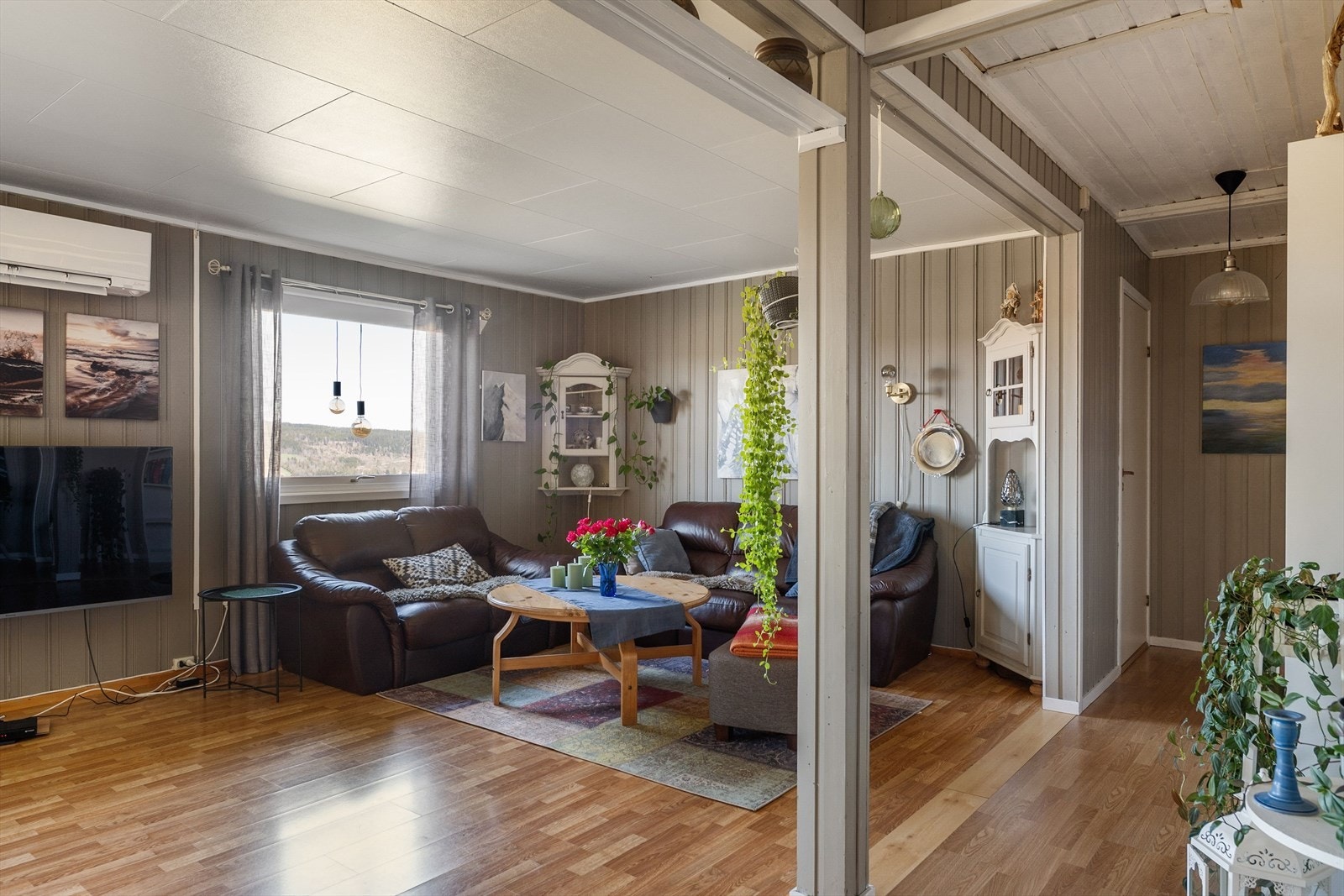Sofa- og tvkrok. Det er varmepumpe i begge ender av oppholdsrom. Galleribilde