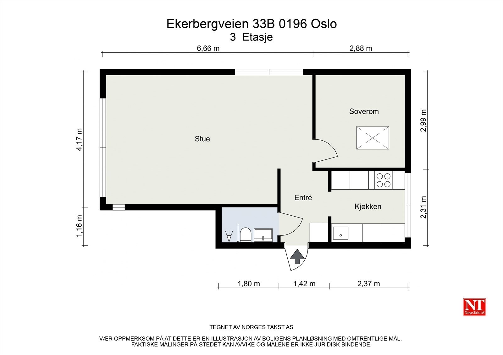 Loftsleiligheten ligger i 3. etasje og inneholder: Stue, soverom, kjøkken, bad og entré. Galleribilde