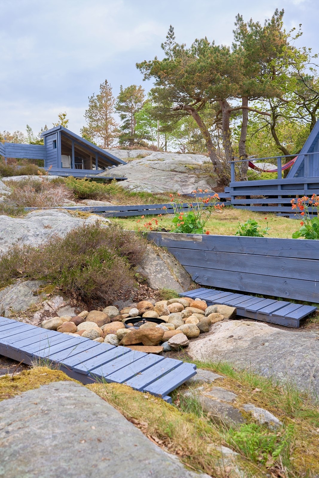 Stor solrik tomt med diverse beplantning. Galleribilde