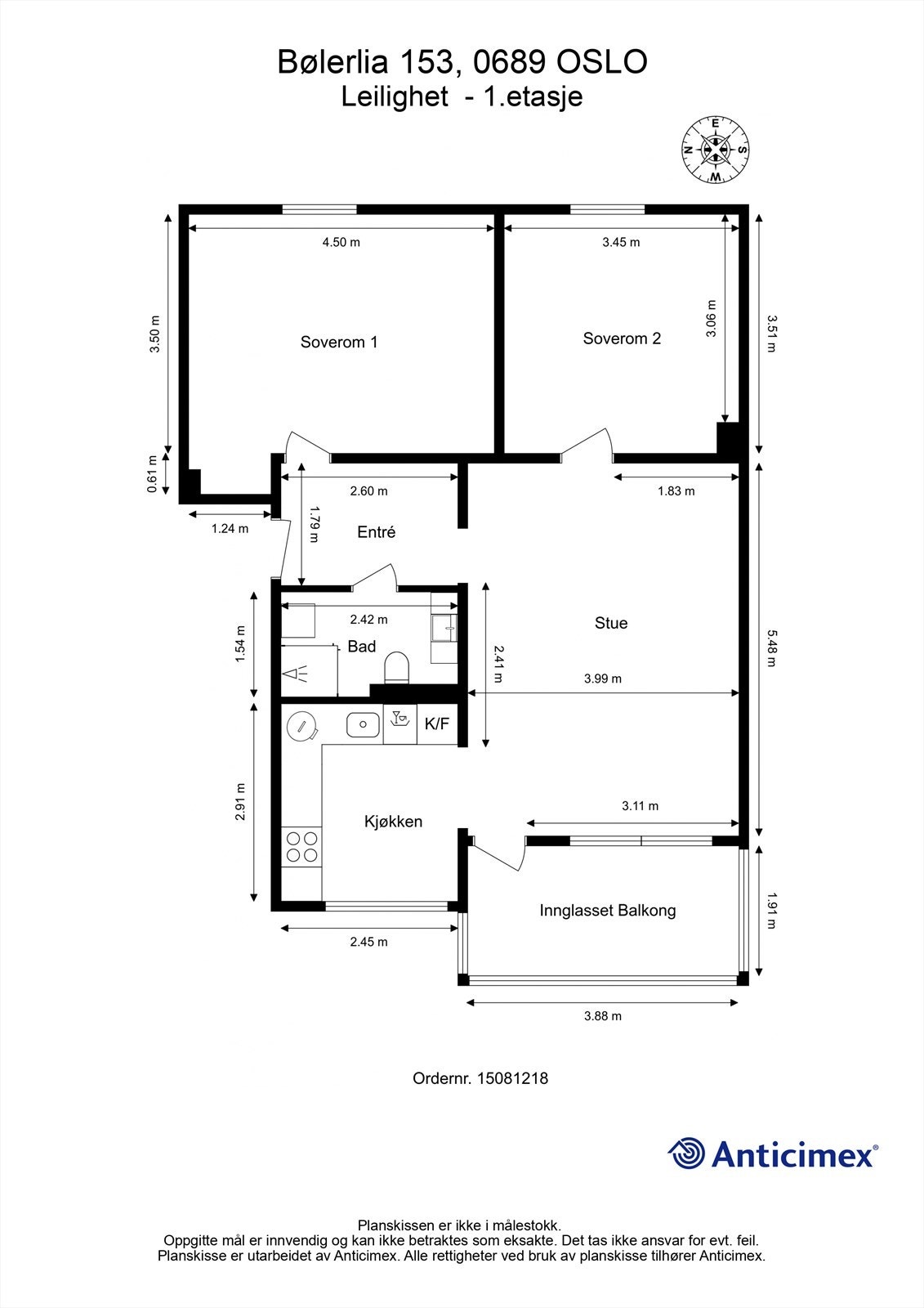 Leiligheten har en effektiv planløsning på 69 m² BRA-i, med to soverom, separat kjøkken og stue med utgang til balkong. Galleribilde