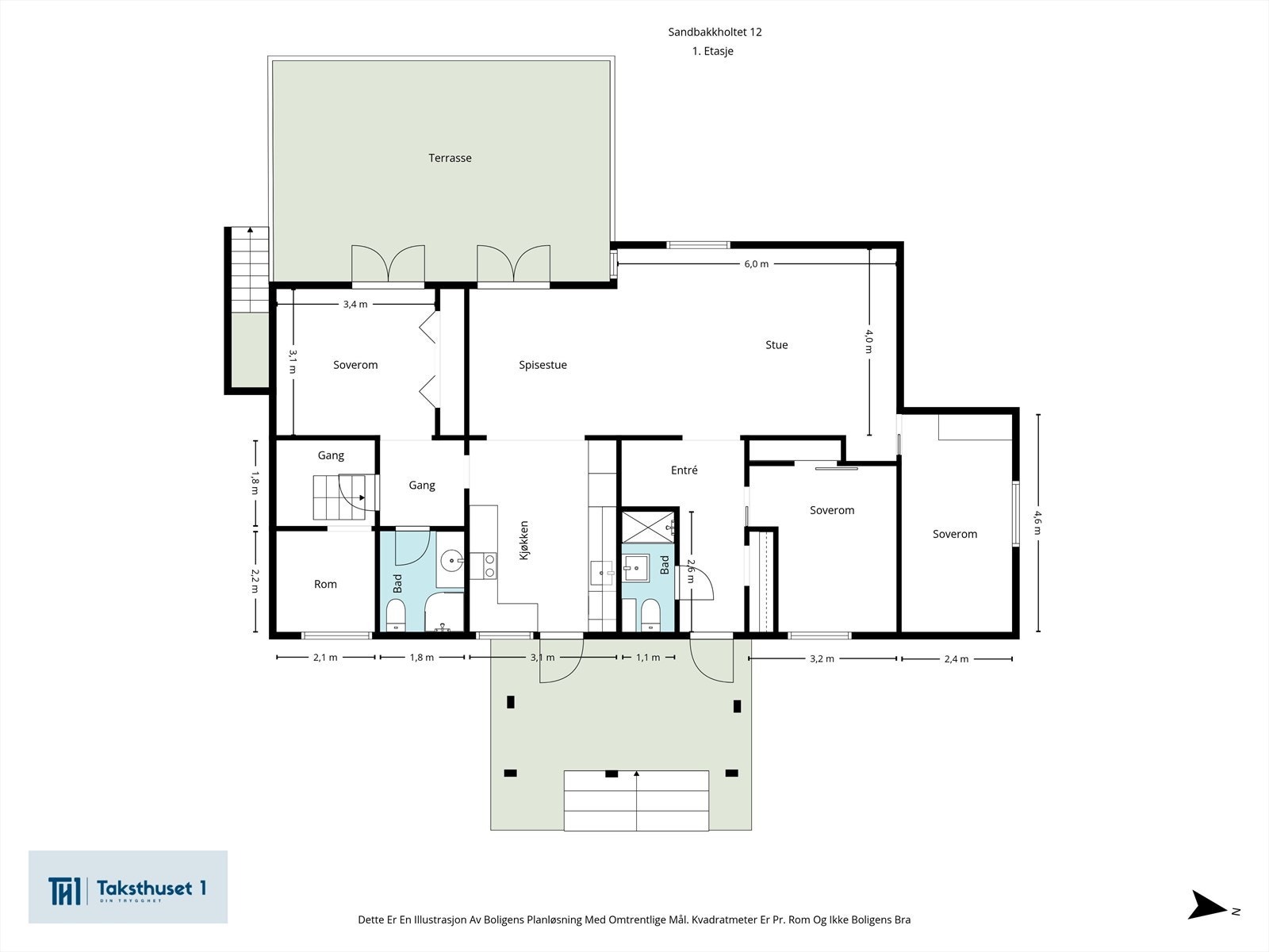 Første etasje har en familievennlig planløsning med tre soverom, to bad og romslige oppholdsrom. Galleribilde