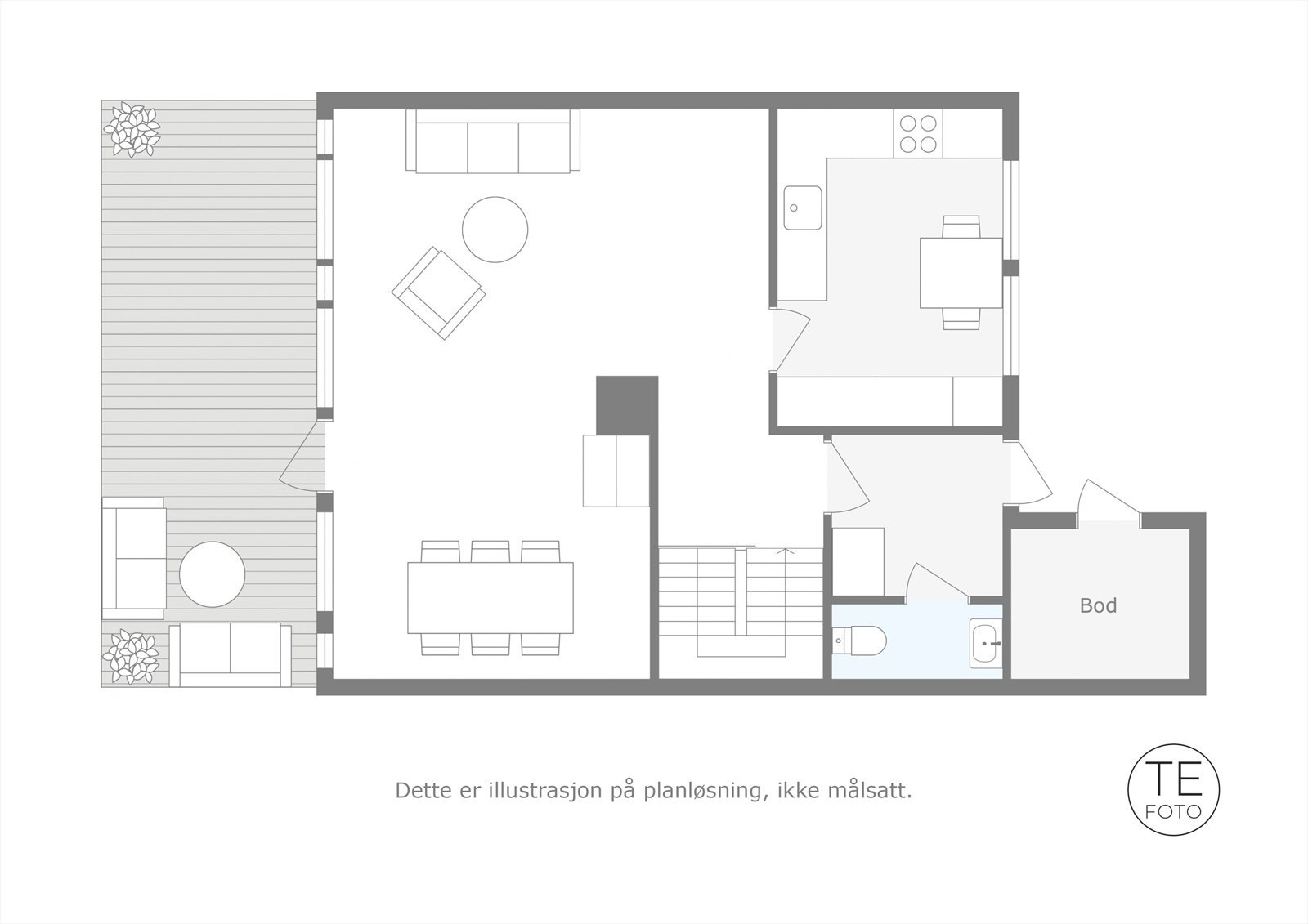 Boligen går over to plan med funksjonell planløsning og god standard. Planløsningen viser dagens innredning av 1.etasje. Galleribilde